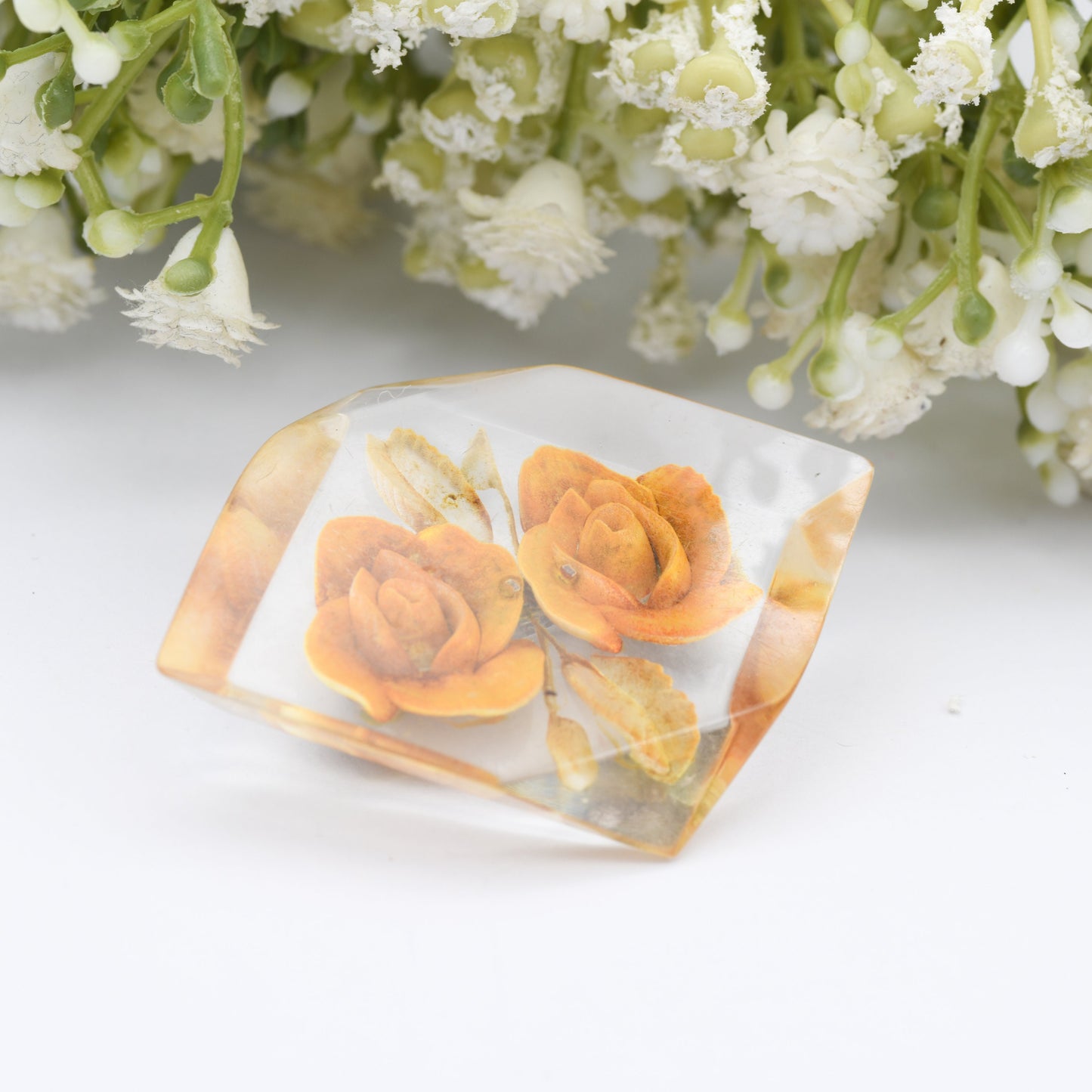 Vintage Lucite Reverse Carved Orange Flower Brooch - Unusual Shape | Retro Early Plastic Costume Jewellery