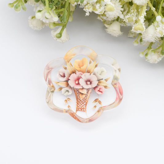 Vintage Lucite Reverse Carved Jardinière Brooch - Vase of Flowers | Early Plastic Costume Jewellery