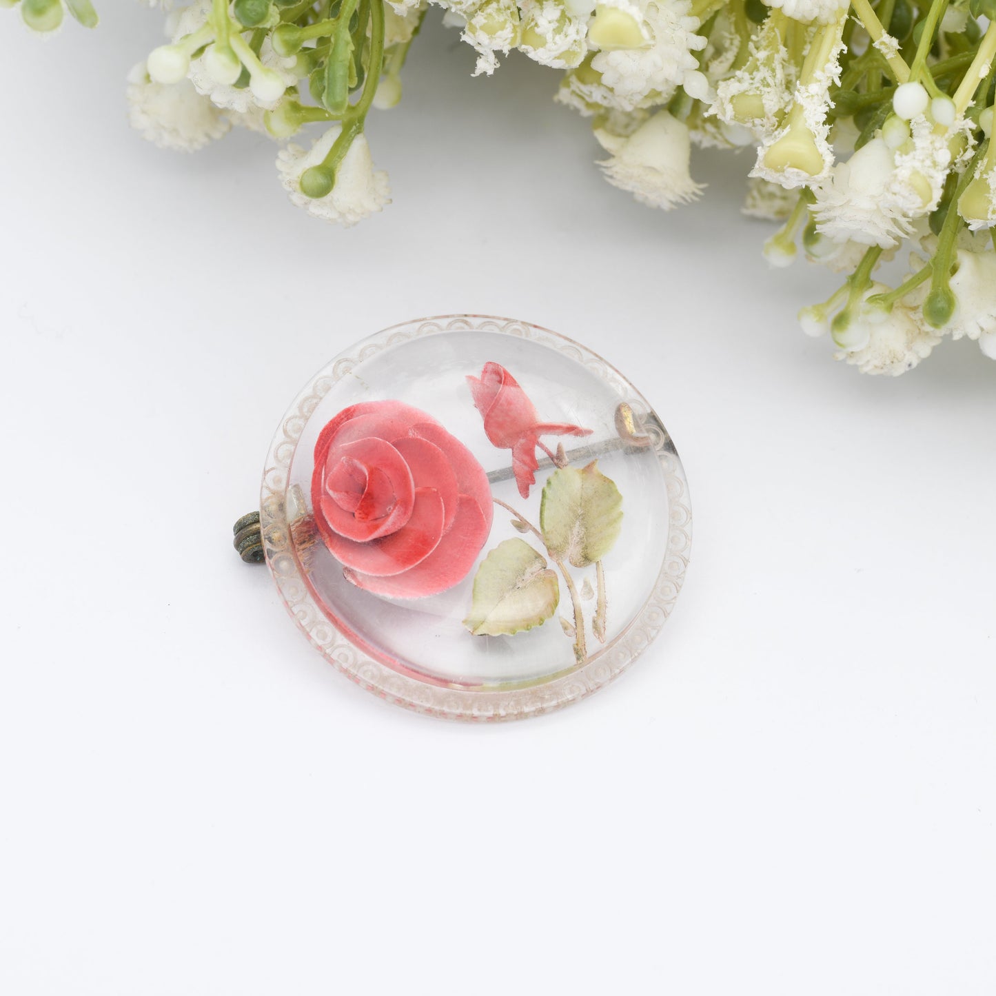 Vintage Lucite Reverse Carved Rose Brooch - Red Flowers | Hand Painted | Early Plastic Costume Jewellery