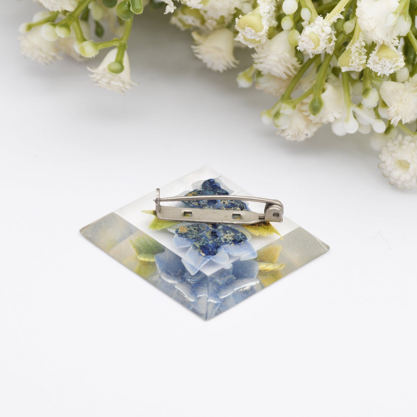 Vintage Lucite Reverse Carved Floral Brooch - Two Blue Flowers | Diamond Shape | Early Plastic Costume Jewellery