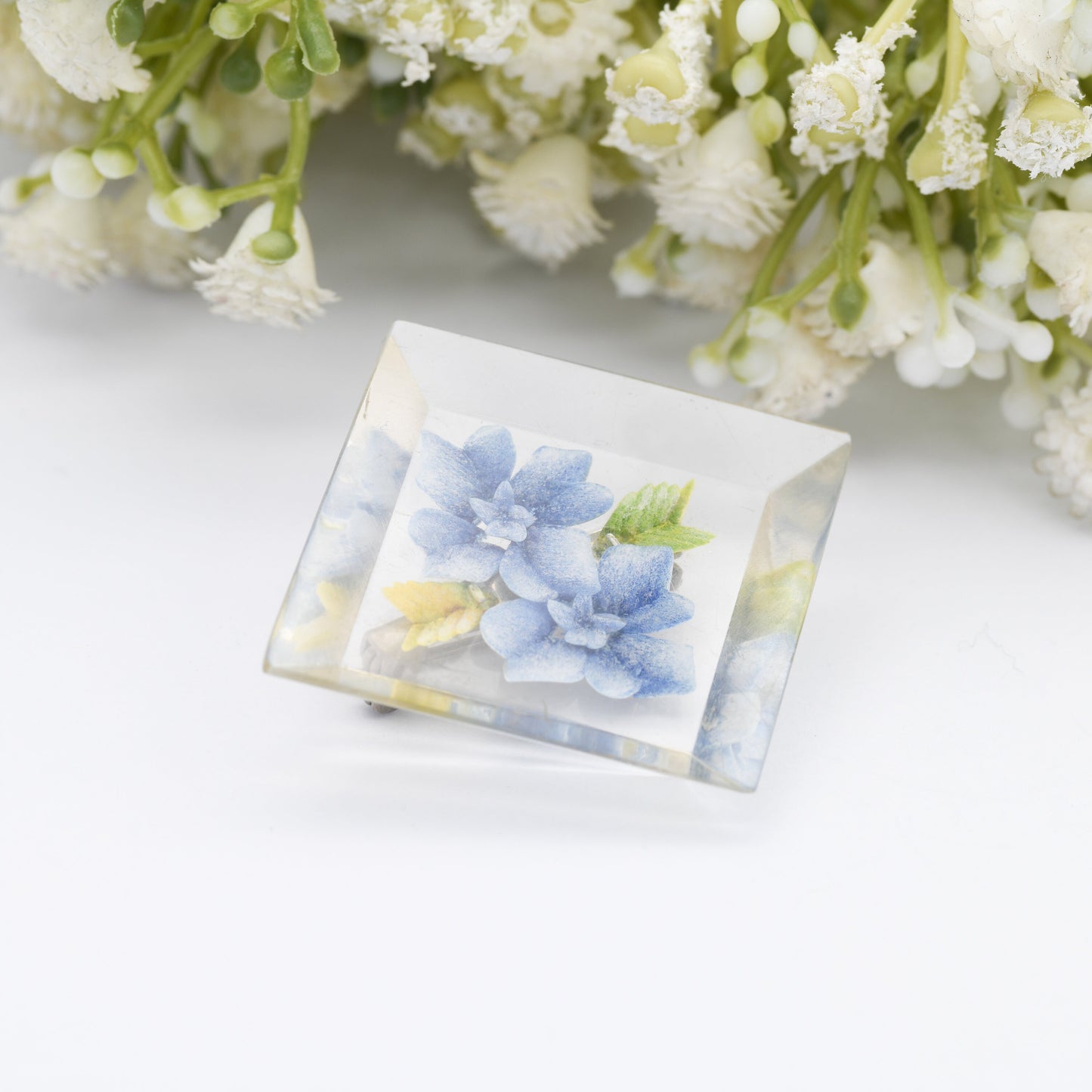 Vintage Lucite Reverse Carved Floral Brooch - Two Blue Flowers | Diamond Shape | Early Plastic Costume Jewellery