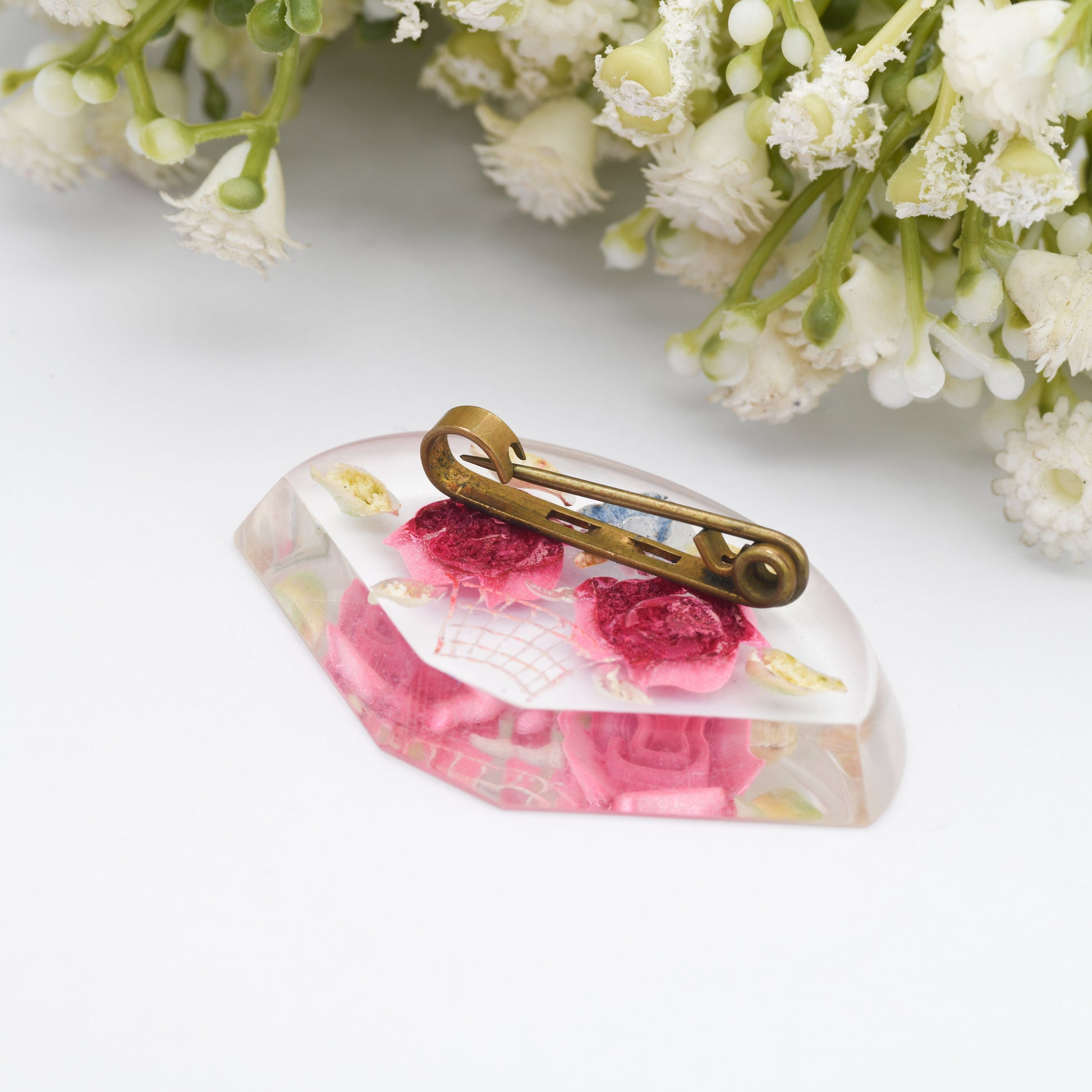 Vintage Lucite Reverse Carved Flower Vase Brooch - Pink Roses | Retro Early Plastic Costume Jewellery