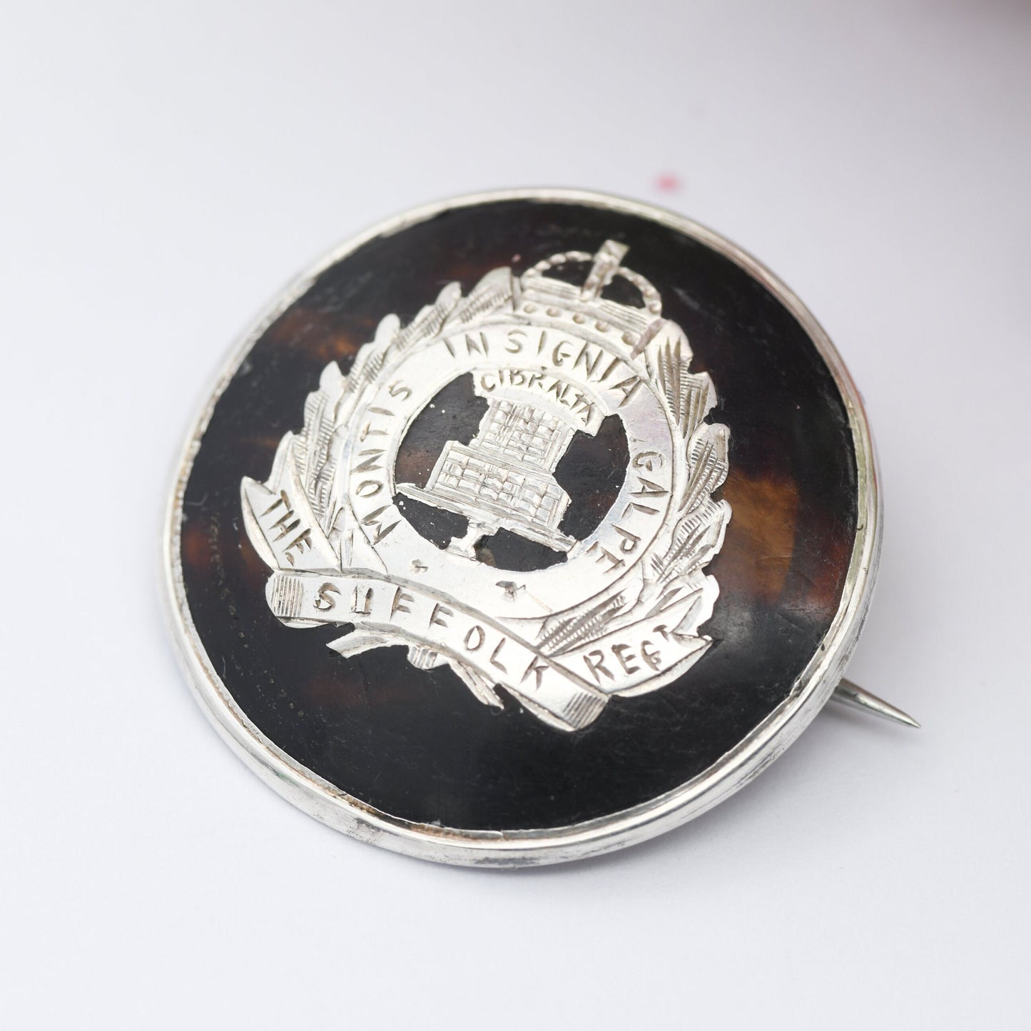 Antique Suffolk Regiment Sterling Silver Tortoiseshell Badge Brooch 1917 - Gibraltar Montis Insignia Calpe | The Rock