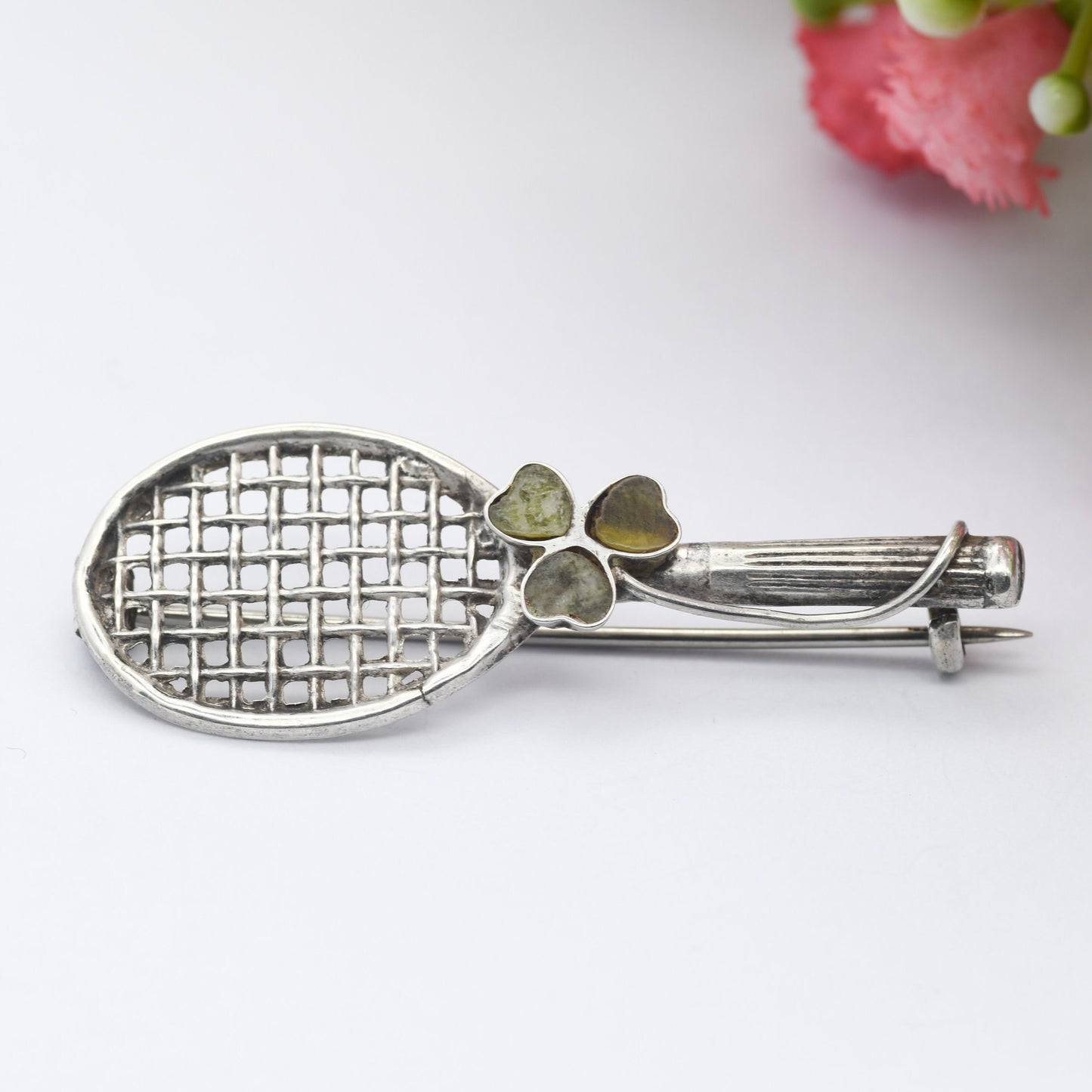 Antique Sterling Silver Connemara Marble Tennis Racket Brooch with Three Leaf Clover - Irish Green