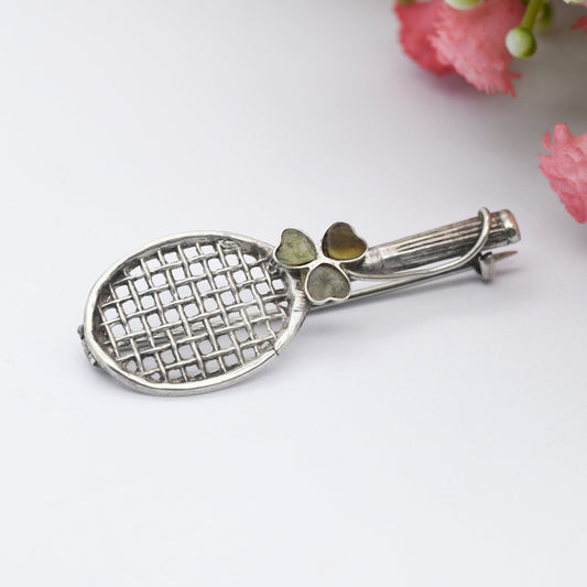 Antique Sterling Silver Connemara Marble Tennis Racket Brooch with Three Leaf Clover - Irish Green