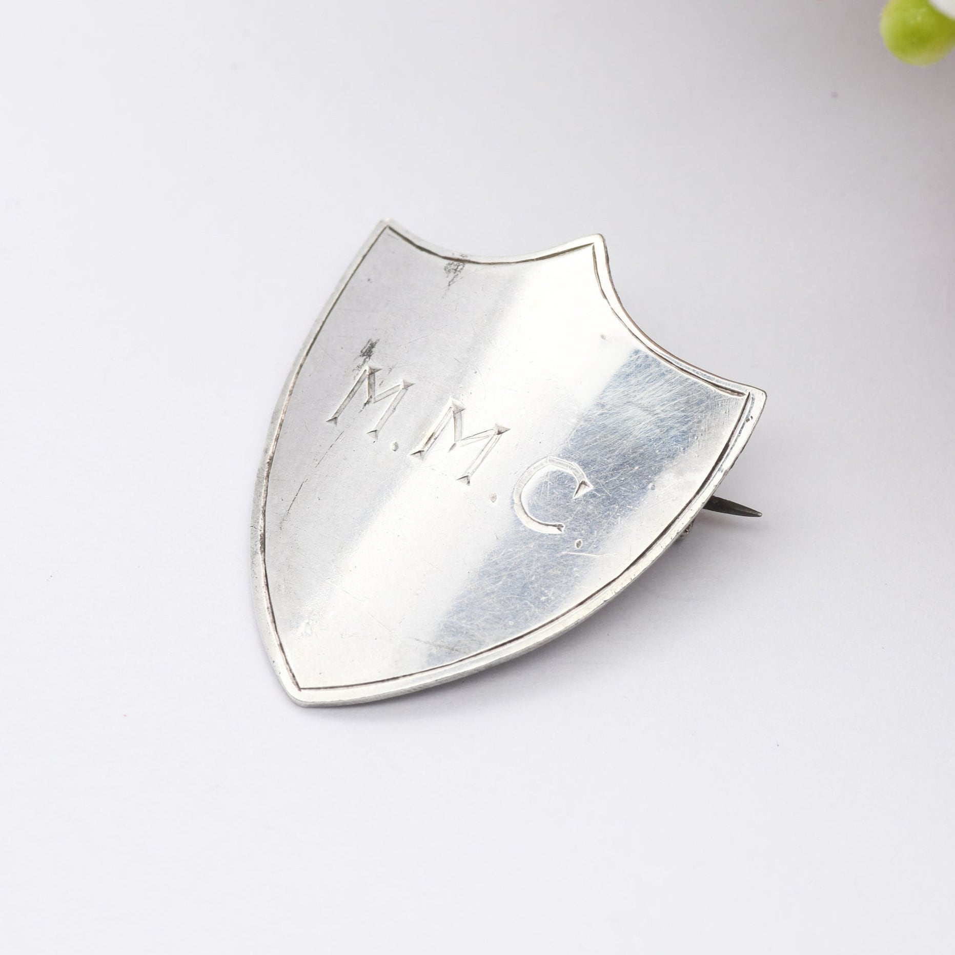 Antique Sterling Silver Shield Brooch MMC 1913 by John William Kirwan - Engraved Plaque Initials