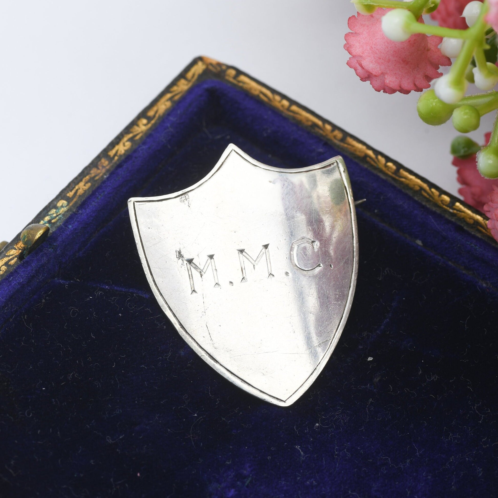 Antique Sterling Silver Shield Brooch MMC 1913 by John William Kirwan - Engraved Plaque Initials