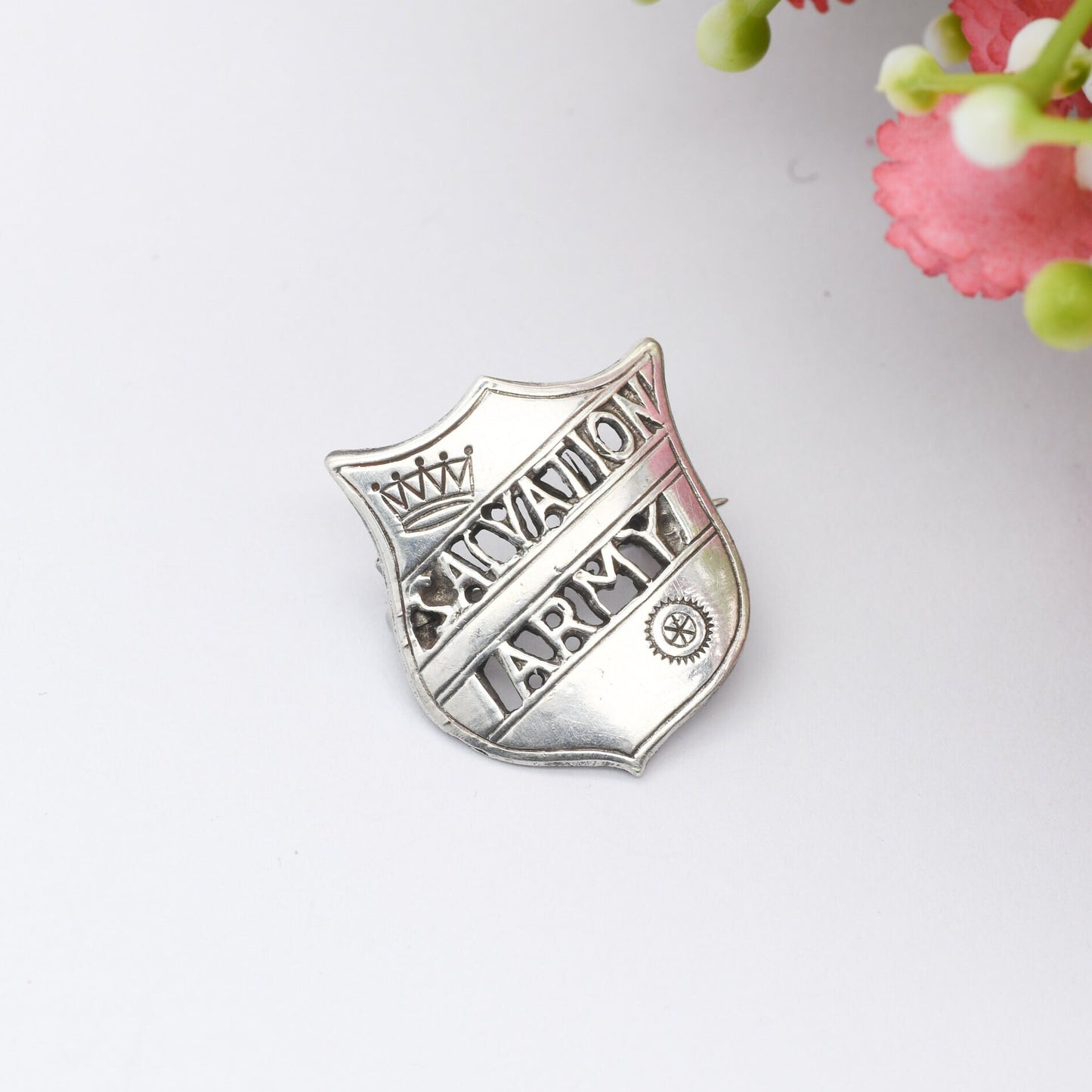 Antique Sterling Silver Salvation Army Brooch - Commemorative Pin Badge | Pierced Words Design