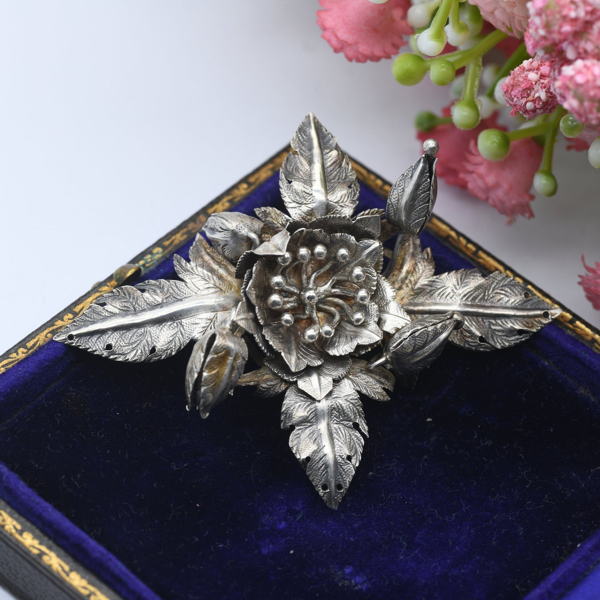 Antique Silver Flower and Leaves Brooch - Large Floral Design | Victorian Statement Jewellery