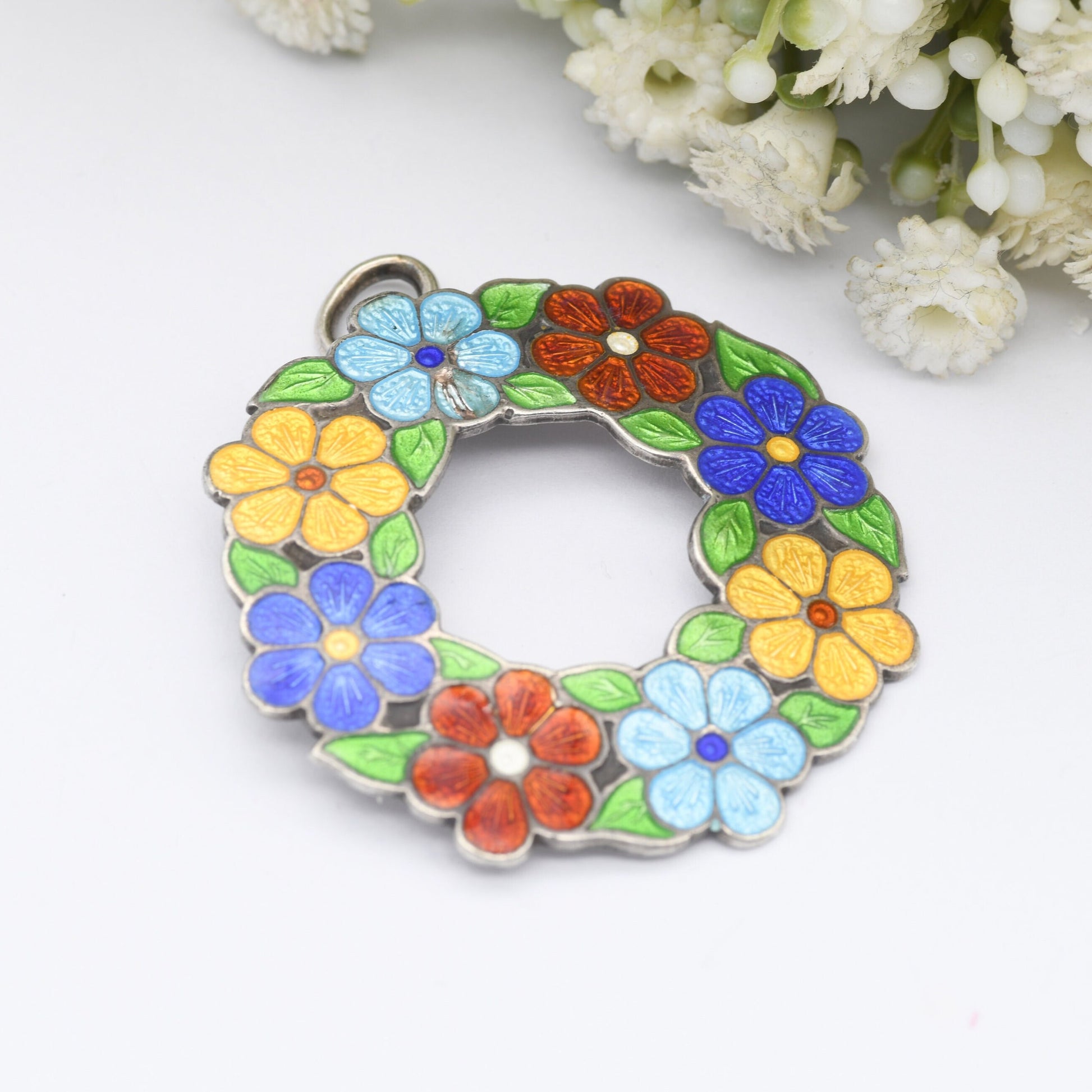 Vintage Sterling Silver Enamel Flower Wreath Pendant 1946 by A H Darby & Son - Bright Guilloche Enamel | Spring Jewellery