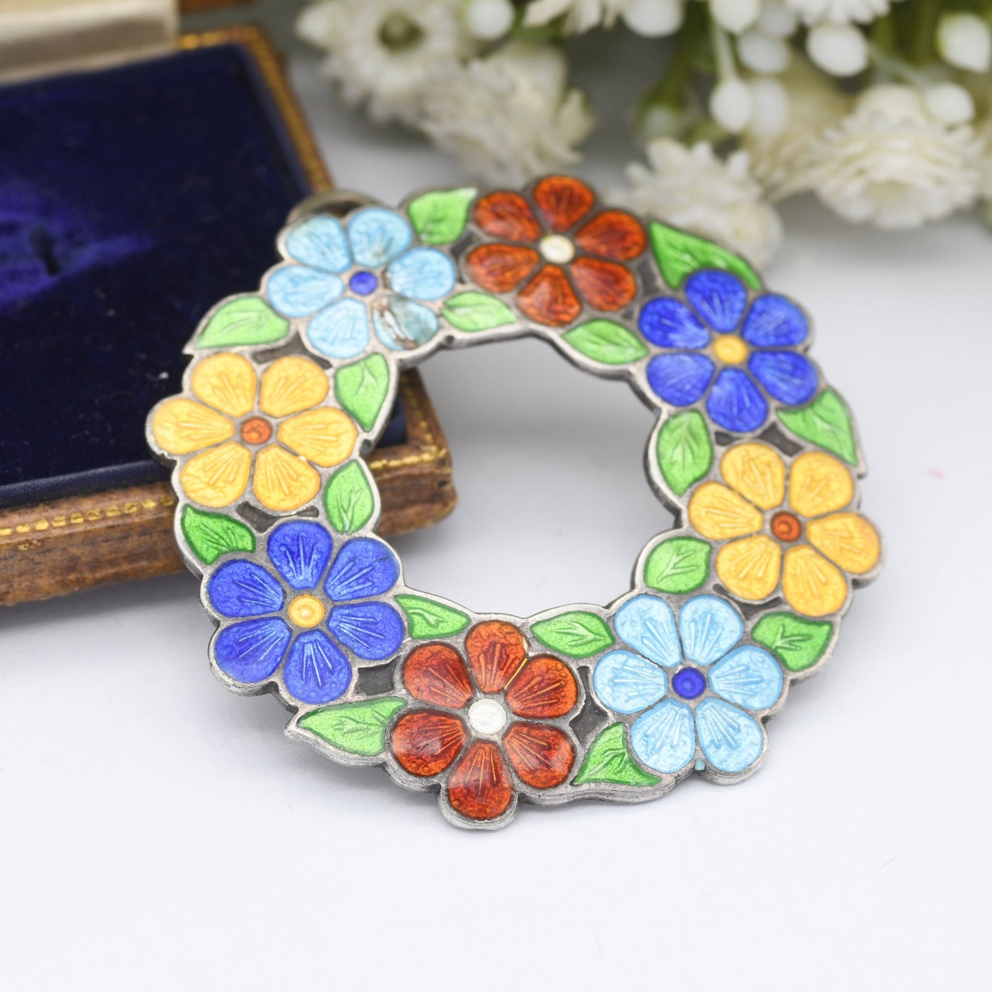 Vintage Sterling Silver Enamel Flower Wreath Pendant 1946 by A H Darby & Son - Bright Guilloche Enamel | Spring Jewellery