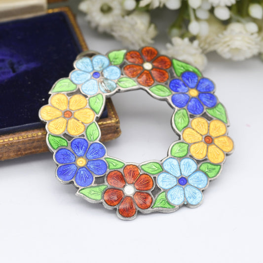 Vintage Sterling Silver Enamel Flower Wreath Pendant 1946 by A H Darby & Son - Bright Guilloche Enamel | Spring Jewellery