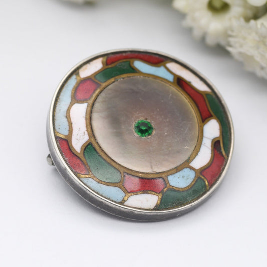 Antique Arts & Crafts Sterling Silver Enamel Mother of Pearl Brooch - Interesting Design | Unusual Vintage Jewellery