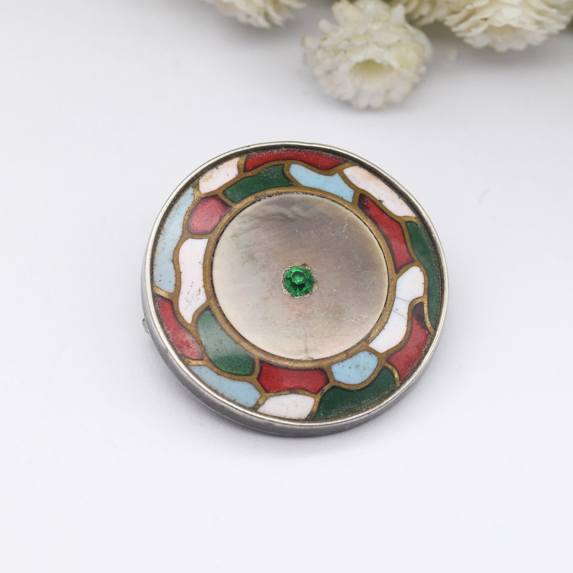 Antique Arts & Crafts Sterling Silver Enamel Mother of Pearl Brooch - Interesting Design | Unusual Vintage Jewellery