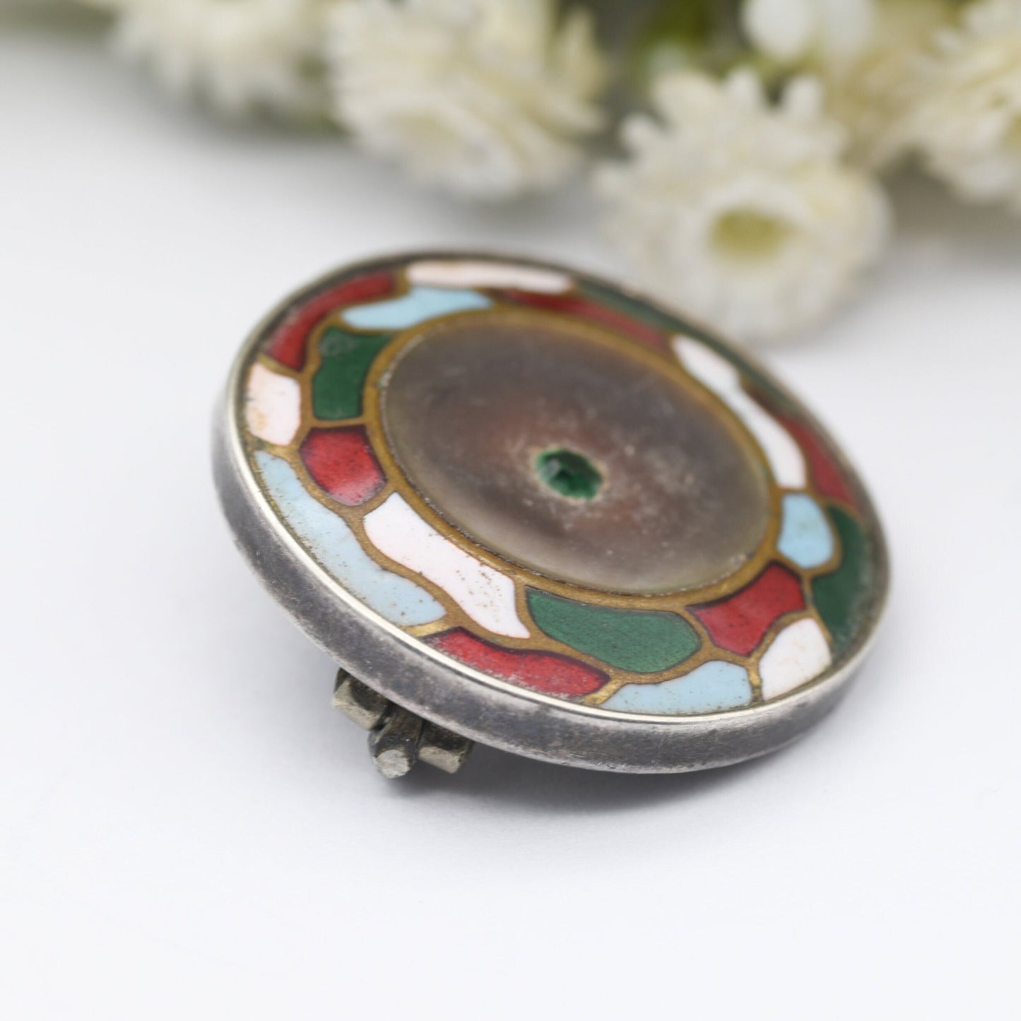 Antique Arts & Crafts Sterling Silver Enamel Mother of Pearl Brooch - Interesting Design | Unusual Vintage Jewellery