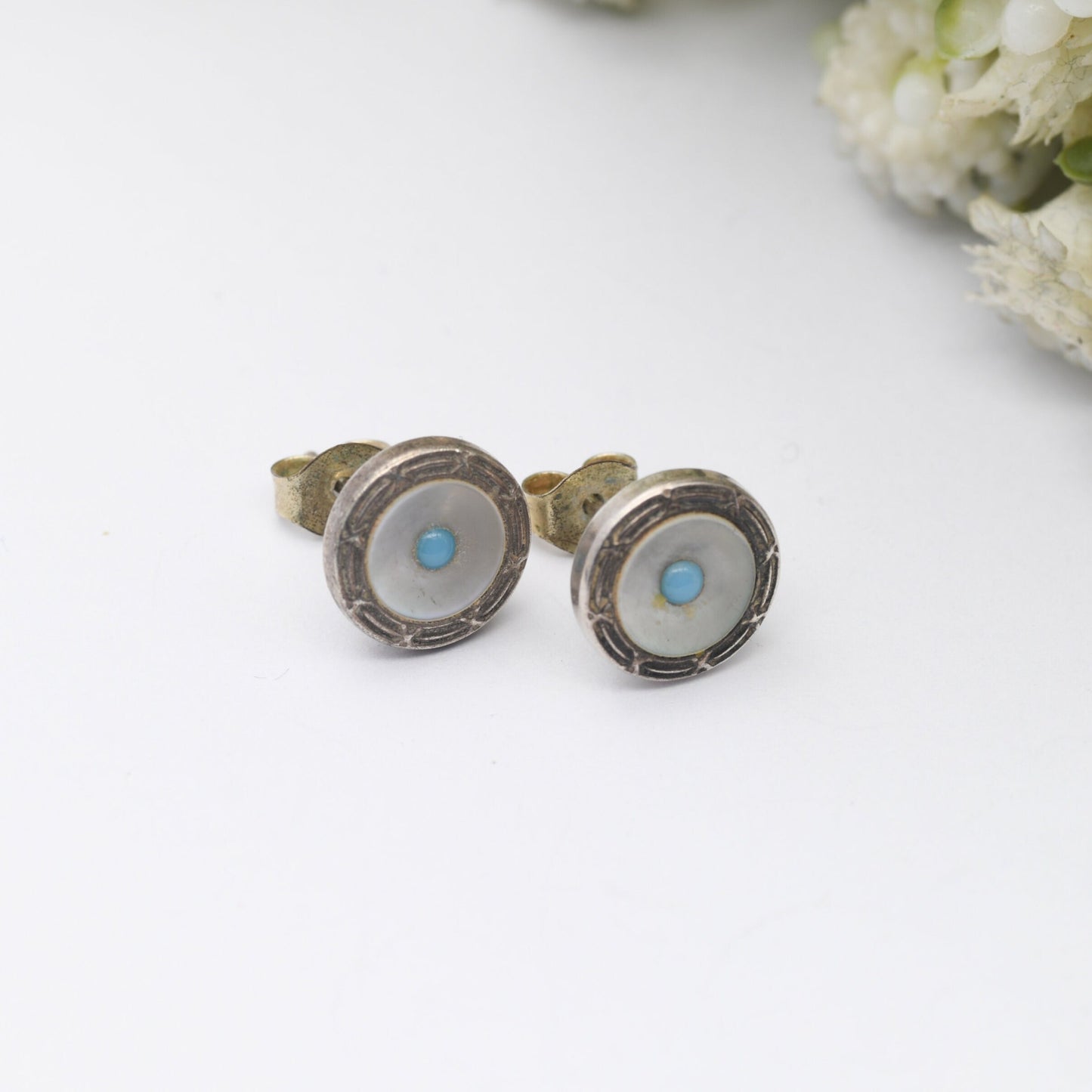 Vintage Silver Mother of Pearl Stud Earrings - Arts and Crafts Style | Kitsch Statement Jewellery