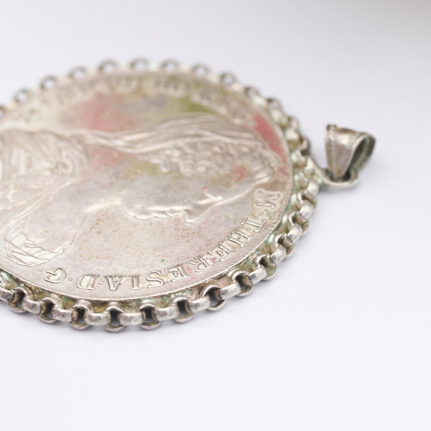 Antique Silver Maria Theresa Thaler Coin Pendant in 800 Silver Chain Mount - Dated 1780 Austrian Large Coin