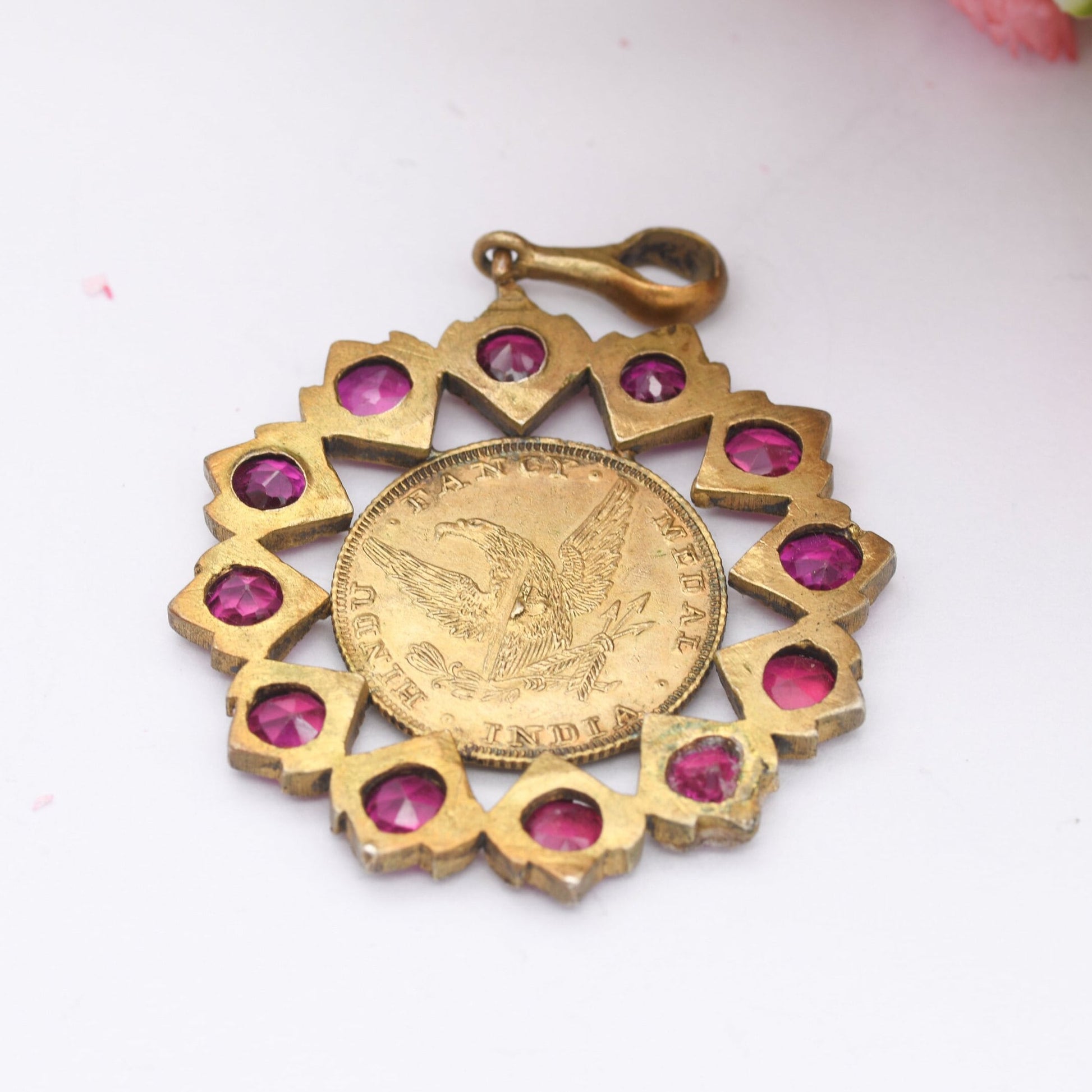 Vintage 1932 India Hindu Fancy Medal Pendant with Ruby Red Paste - Gilt Metal | USA American Coin Style Eagle and Liberty Head