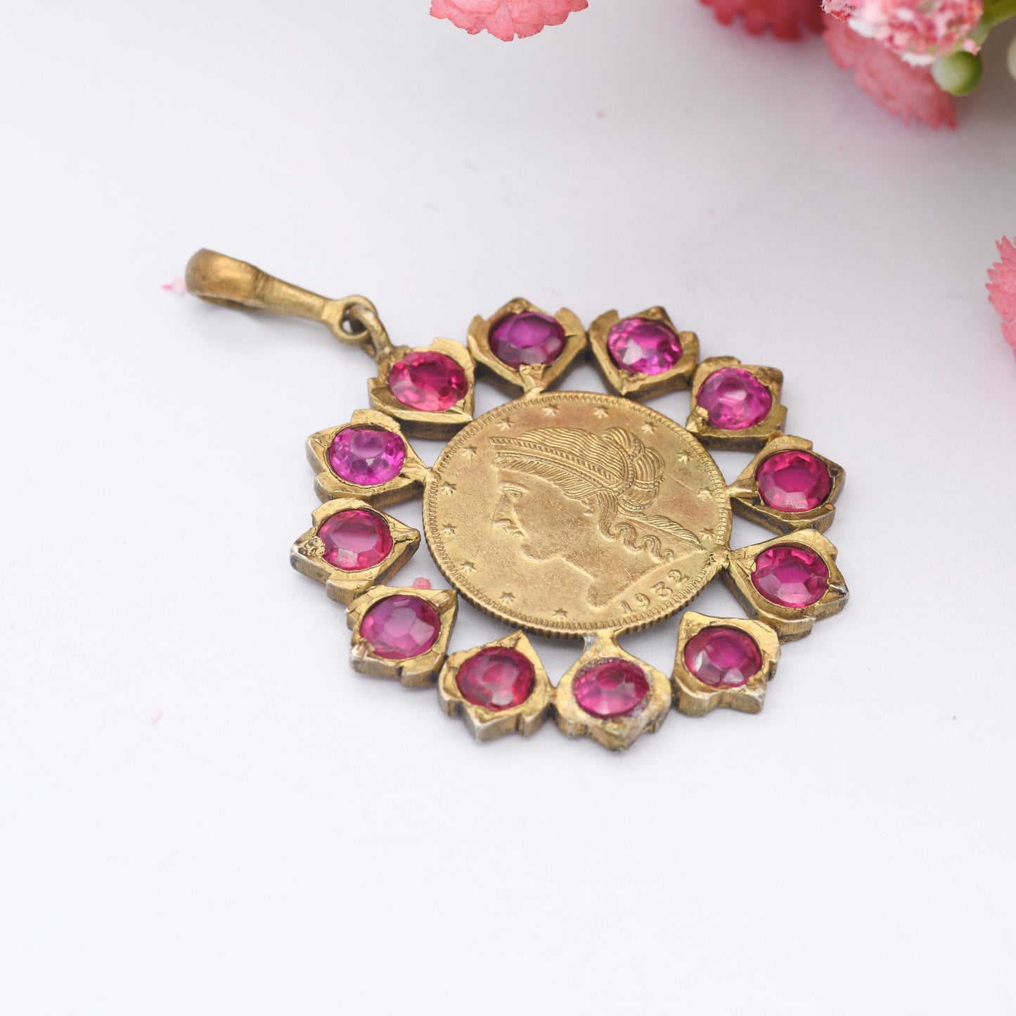 Vintage 1932 India Hindu Fancy Medal Pendant with Ruby Red Paste - Gilt Metal | USA American Coin Style Eagle and Liberty Head