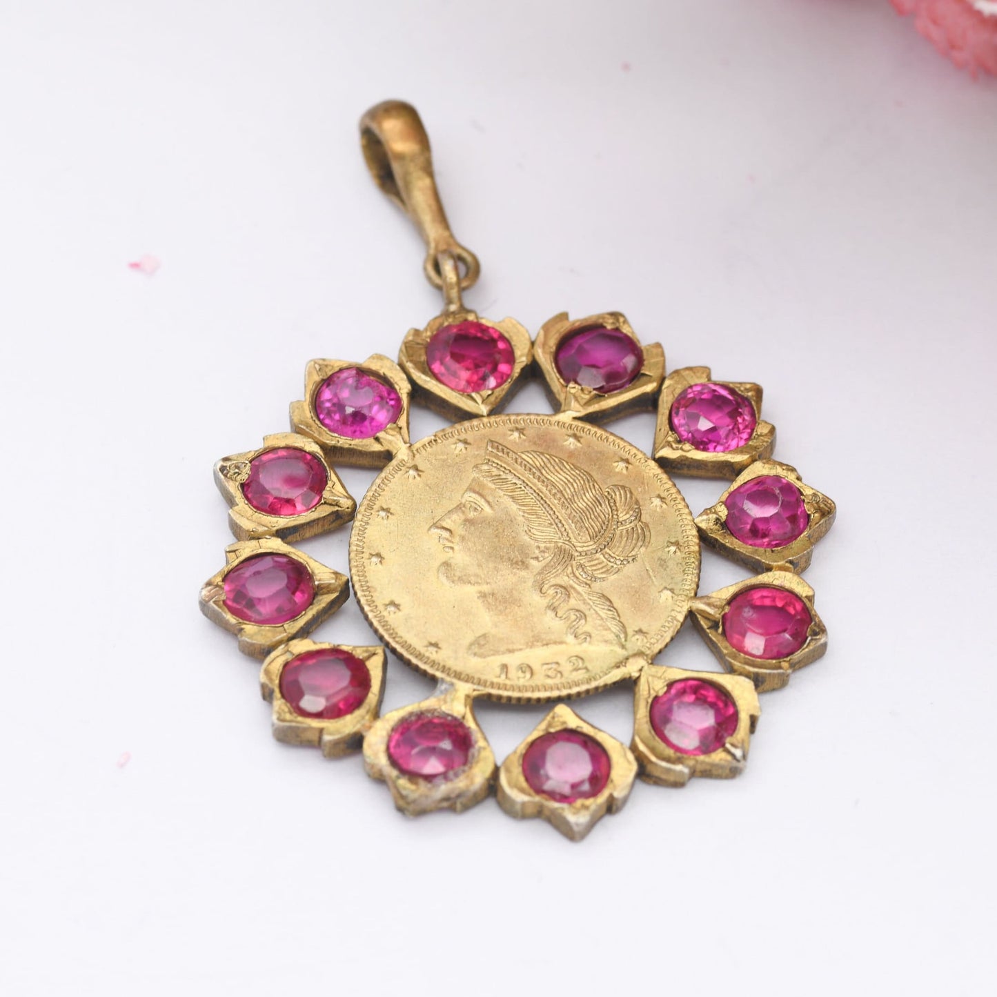 Vintage 1932 India Hindu Fancy Medal Pendant with Ruby Red Paste - Gilt Metal | USA American Coin Style Eagle and Liberty Head