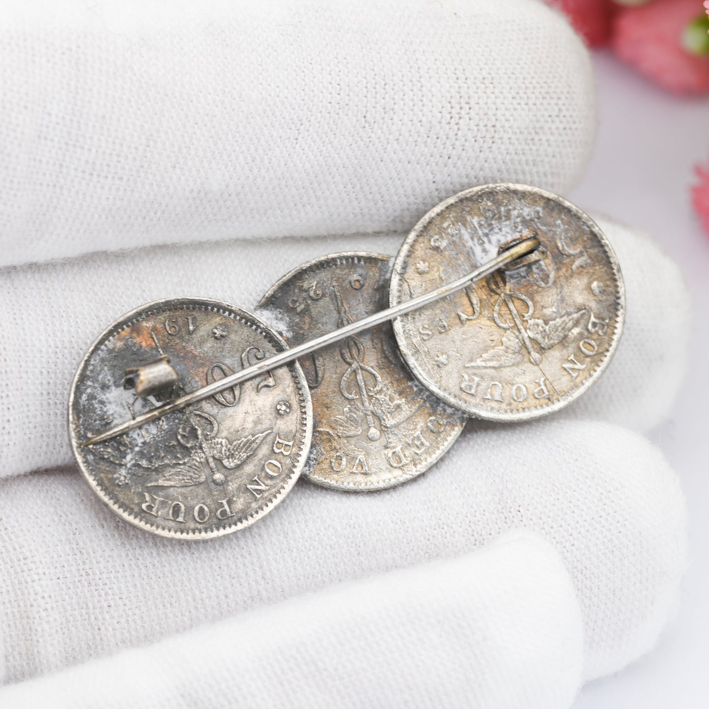 Antique Belgian Coin Brooch with Three Coins - 1923 50 Centimes | French Text | Dutch Text