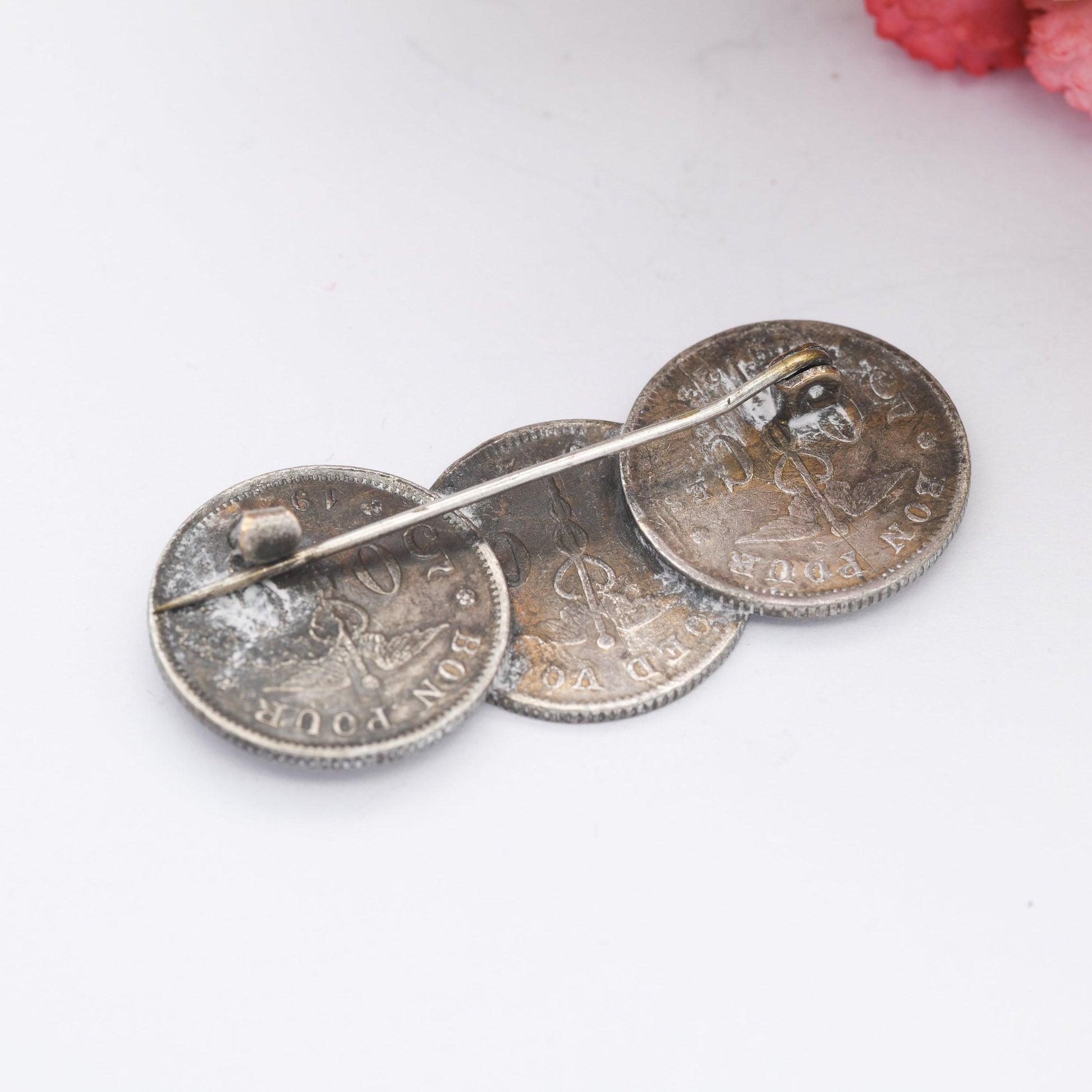 Antique Belgian Coin Brooch with Three Coins - 1923 50 Centimes | French Text | Dutch Text