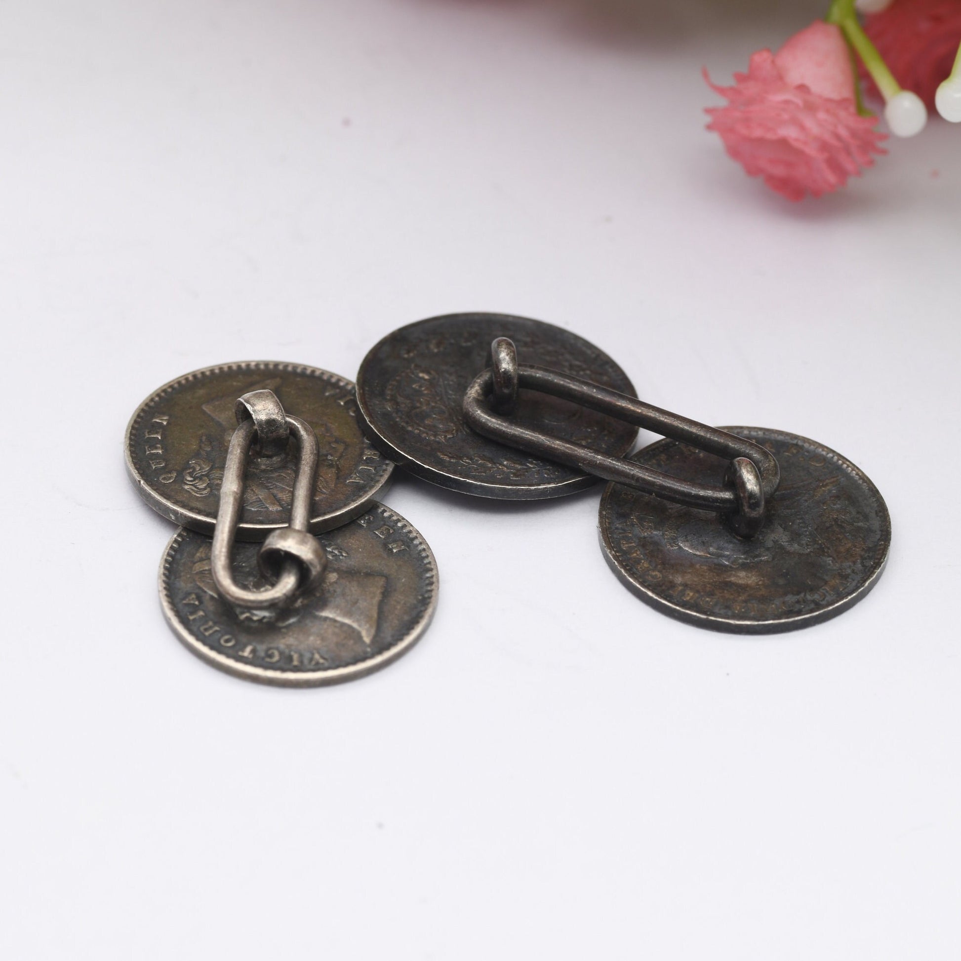 Antique Silver Victoria Coin Cufflinks with Young Head and Old Head - 1841 2 Annas India | 1887 Threepence | Mismatched Pair