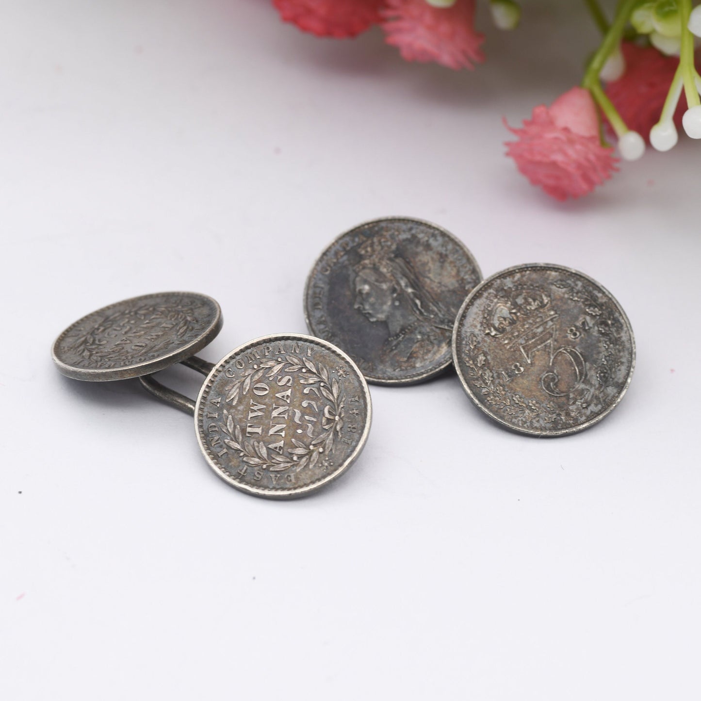 Antique Silver Victoria Coin Cufflinks with Young Head and Old Head - 1841 2 Annas India | 1887 Threepence | Mismatched Pair