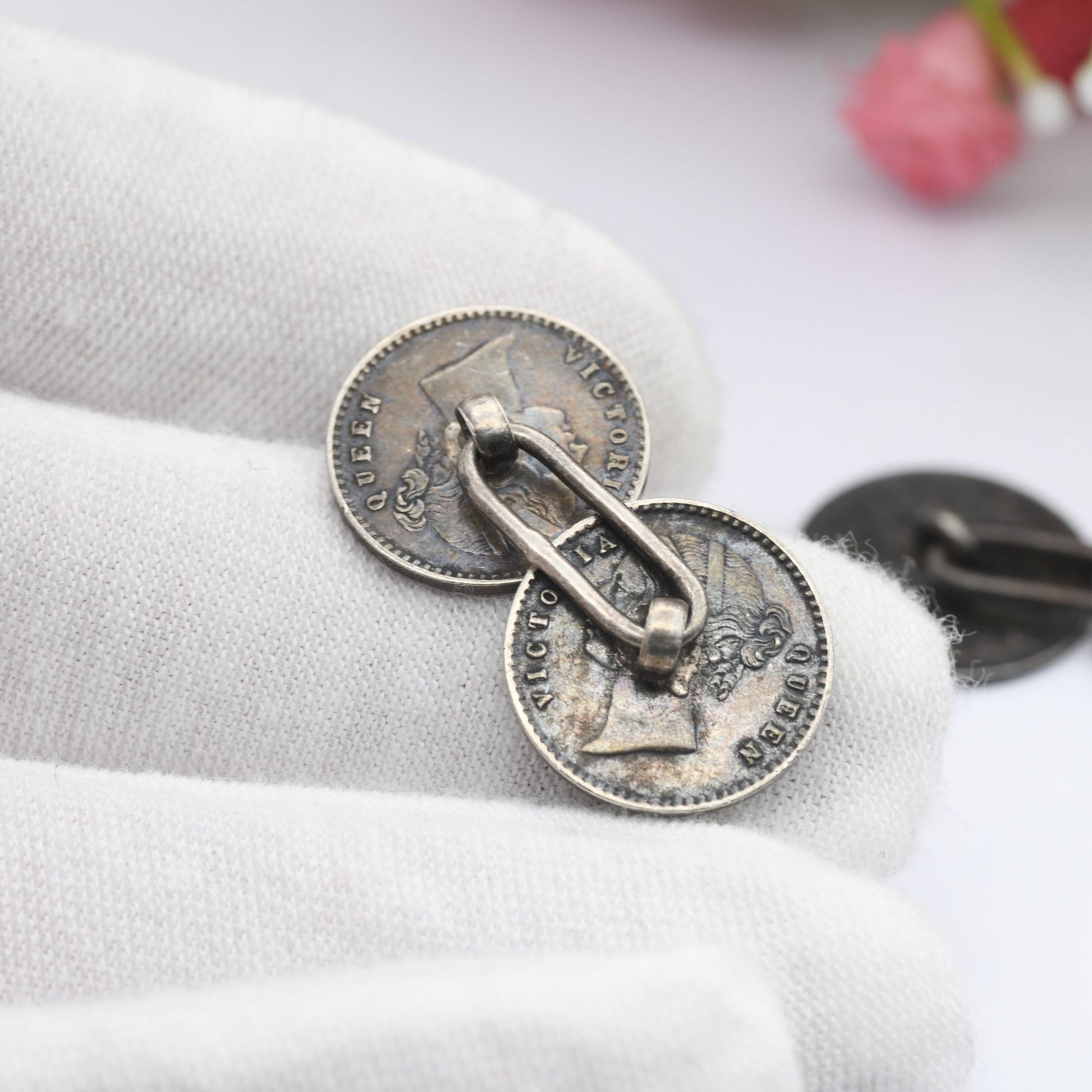 Antique Silver Victoria Coin Cufflinks with Young Head and Old Head - 1841 2 Annas India | 1887 Threepence | Mismatched Pair