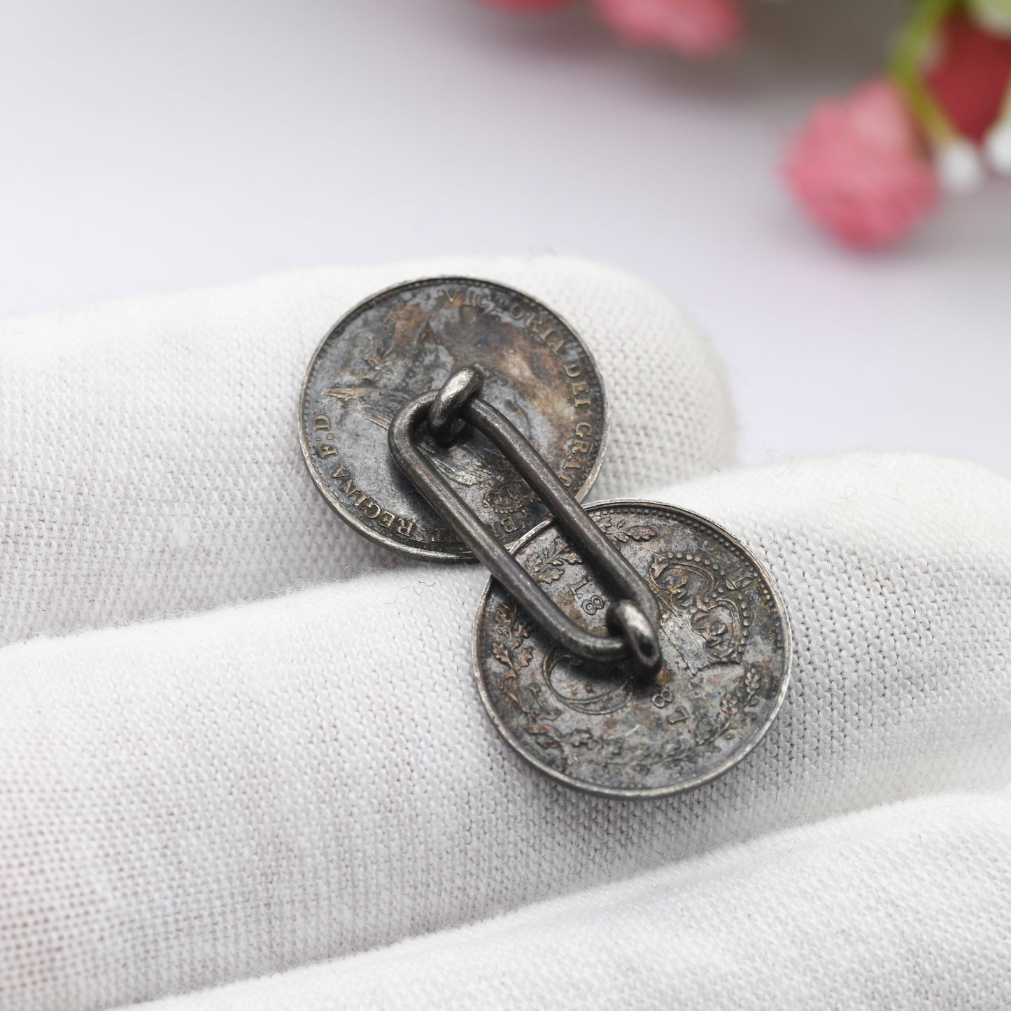 Antique Silver Victoria Coin Cufflinks with Young Head and Old Head - 1841 2 Annas India | 1887 Threepence | Mismatched Pair