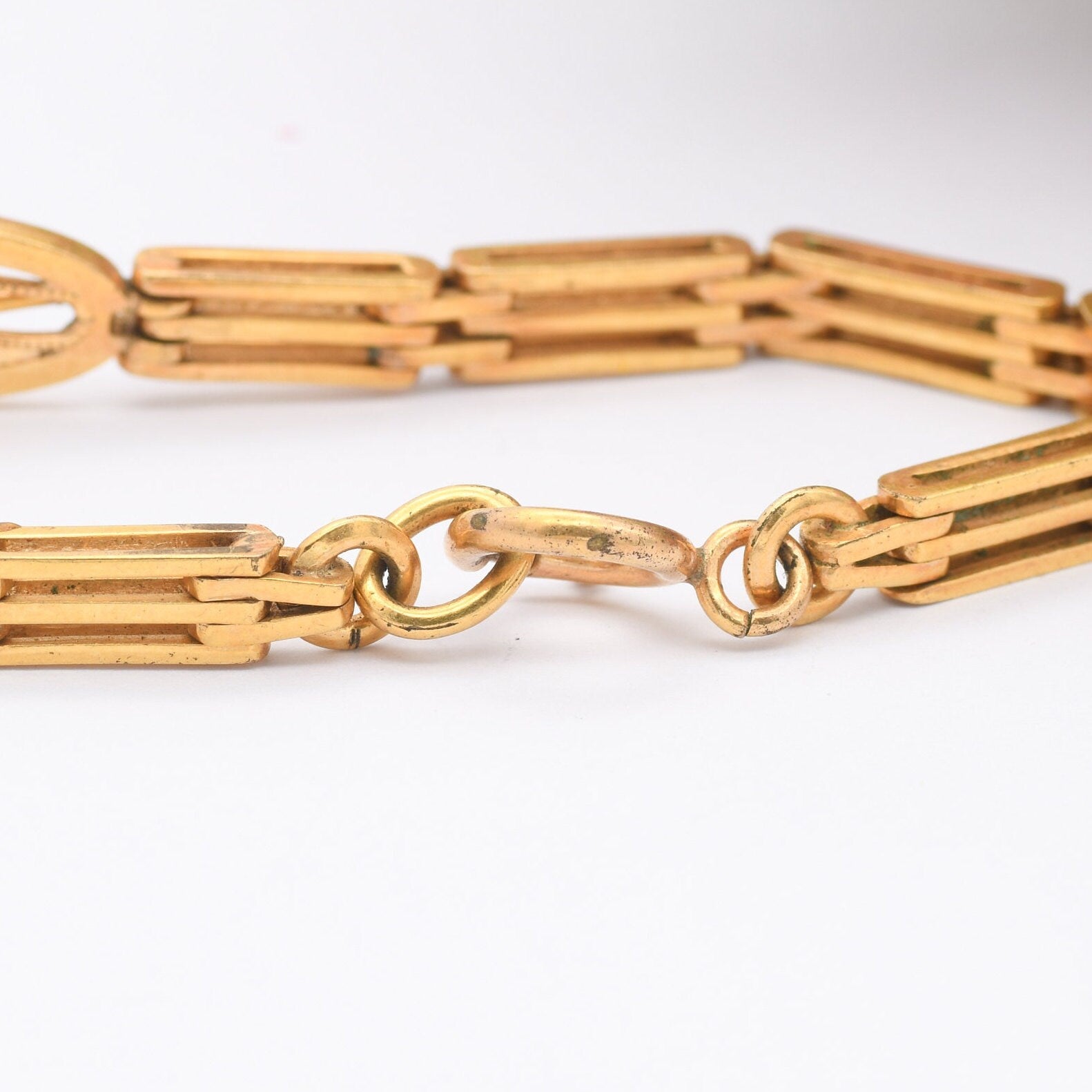 Antique Rolled Gold Gate Link Bracelet with Pink Paste Stone - Edwardian Costume Jewellery | Unusual Chunky Design