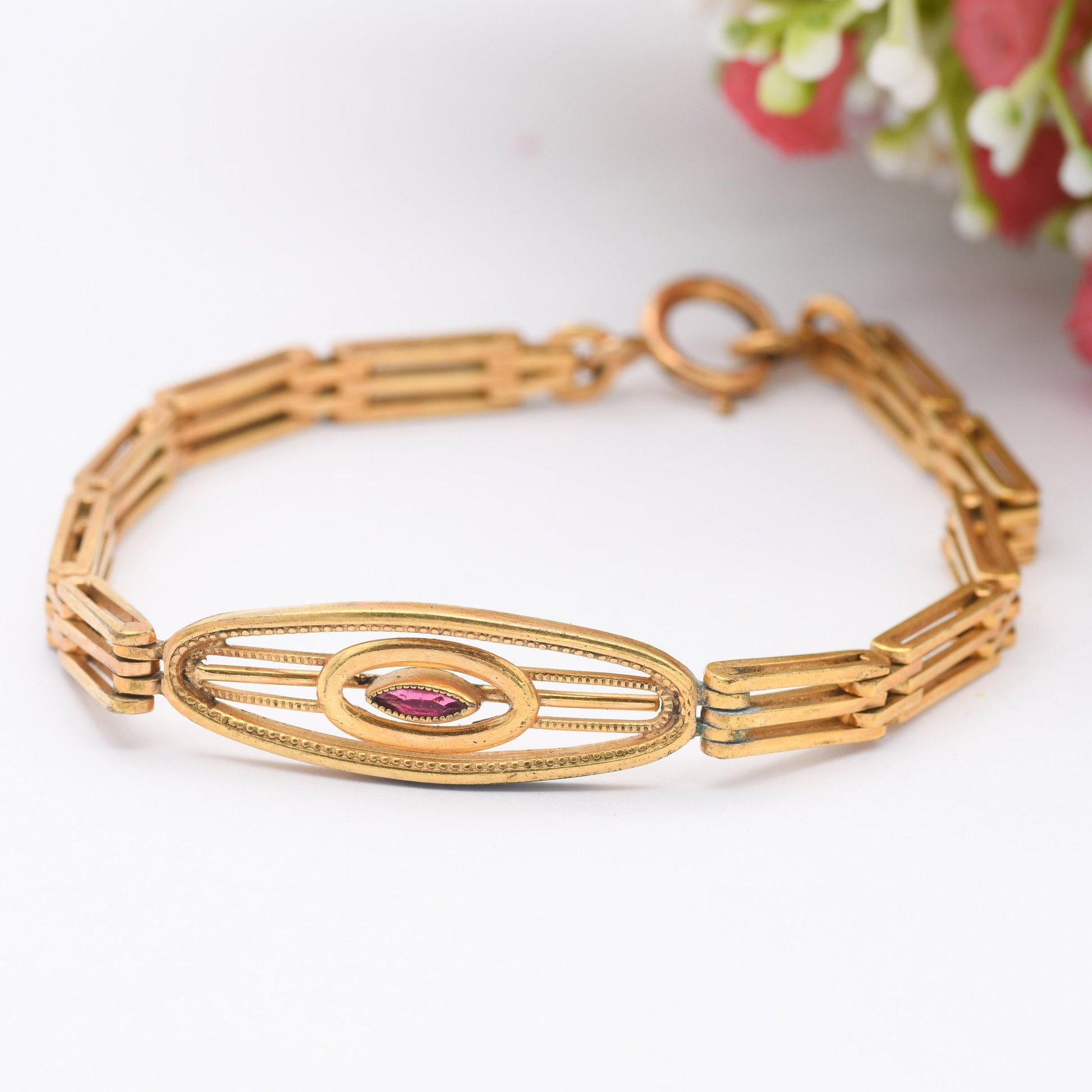 Antique Rolled Gold Gate Link Bracelet with Pink Paste Stone - Edwardian Costume Jewellery | Unusual Chunky Design