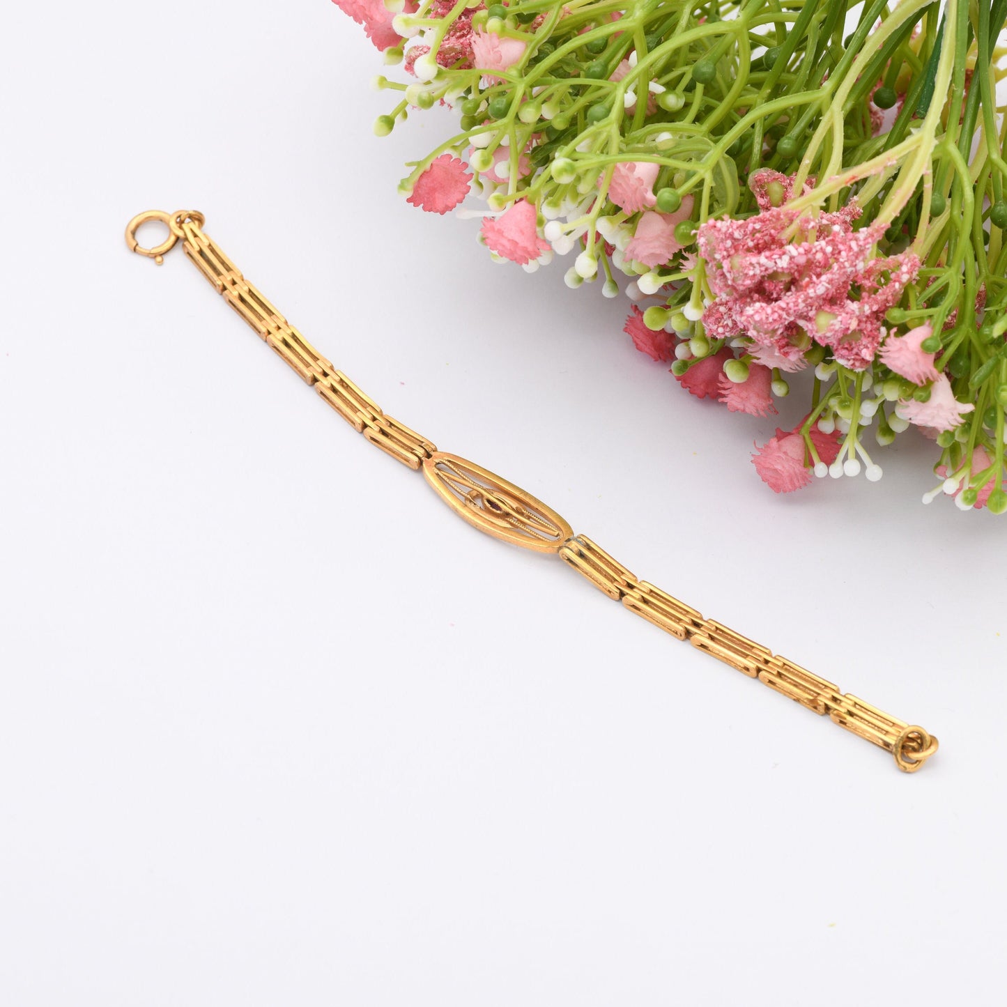 Antique Rolled Gold Gate Link Bracelet with Pink Paste Stone - Edwardian Costume Jewellery | Unusual Chunky Design