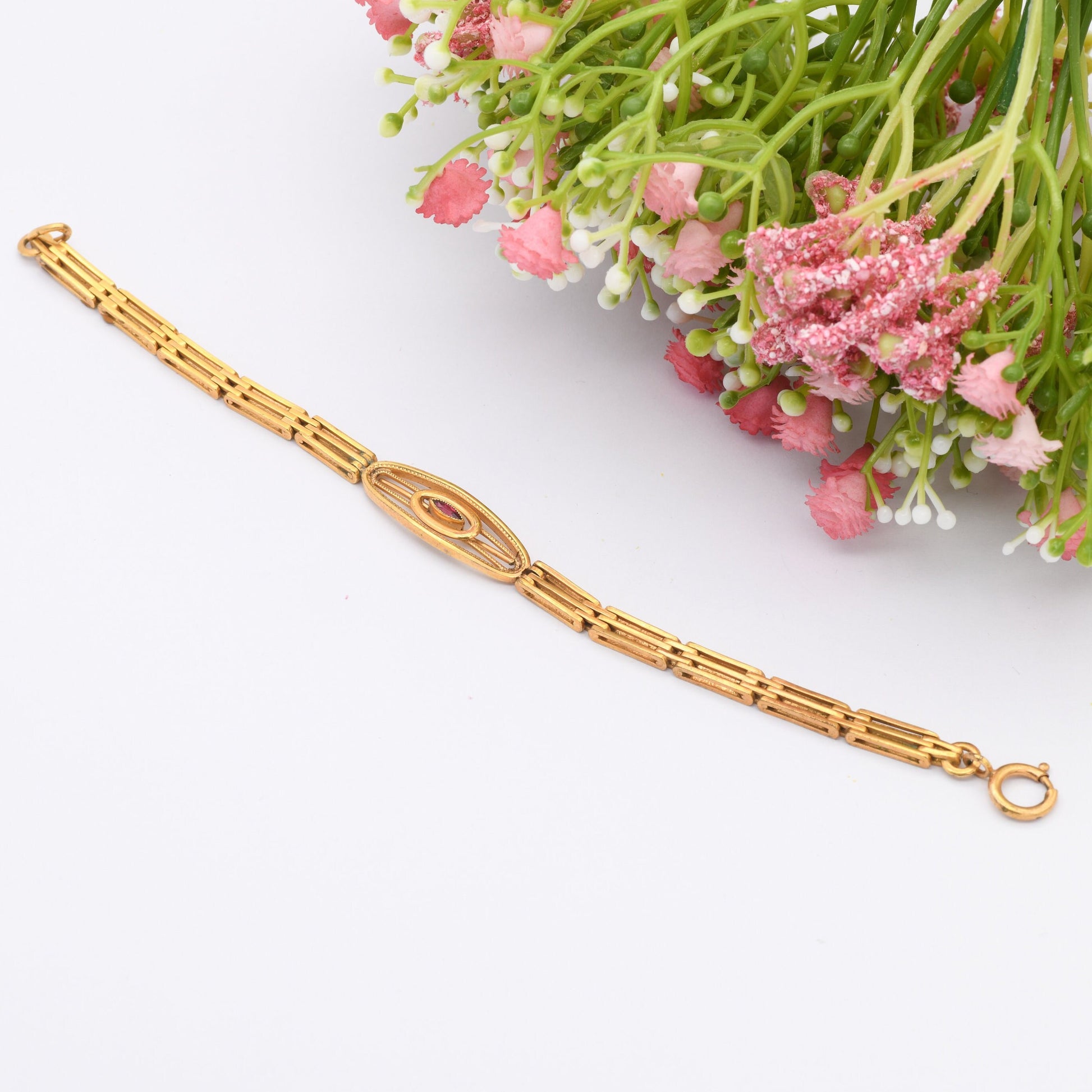 Antique Rolled Gold Gate Link Bracelet with Pink Paste Stone - Edwardian Costume Jewellery | Unusual Chunky Design