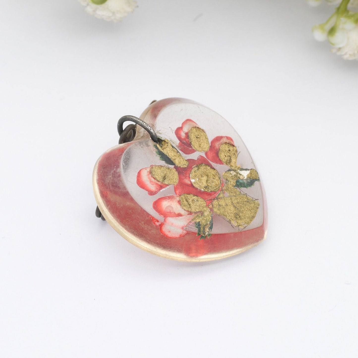 Vintage Lucite Reverse Roses Jardinière Brooch Heart Shaped - Red Roses in a Gold Vase | Hand Painted | Early Plastic Costume Jewellery