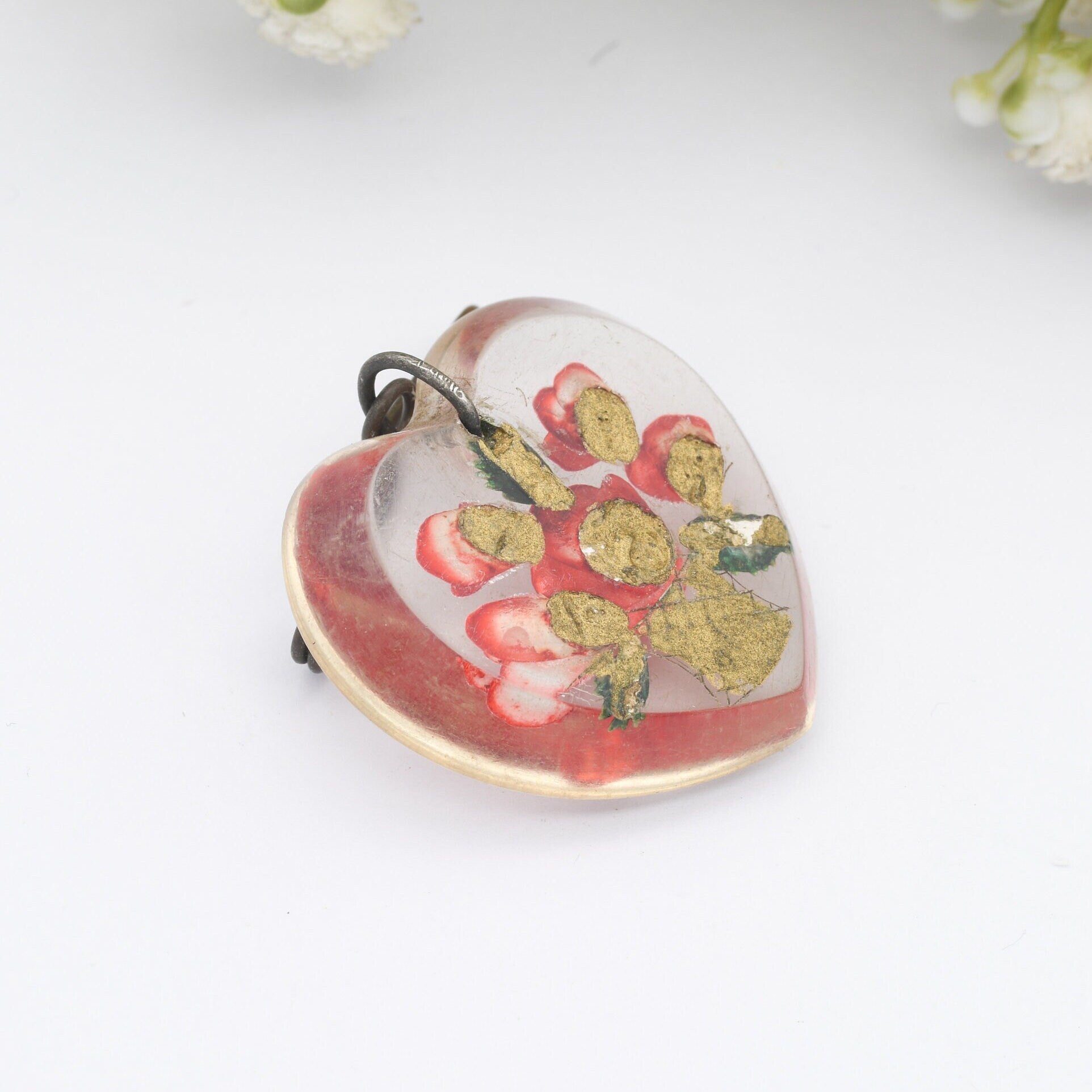 Vintage Lucite Reverse Roses Jardinière Brooch Heart Shaped - Red Roses in a Gold Vase | Hand Painted | Early Plastic Costume Jewellery