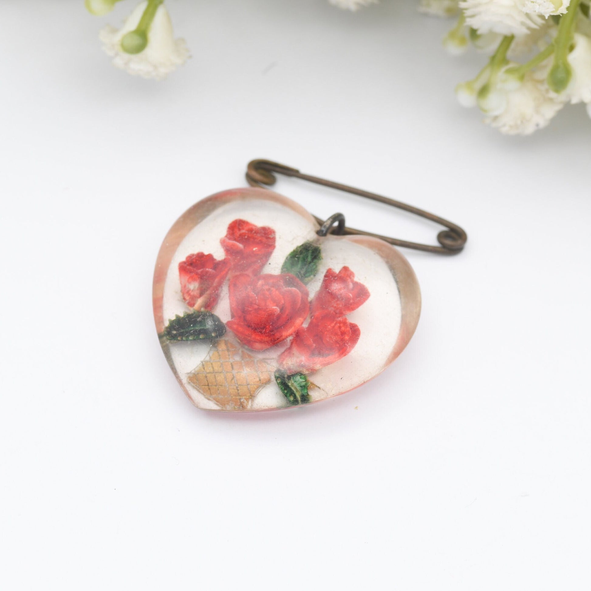 Vintage Lucite Reverse Roses Jardinière Brooch Heart Shaped - Red Roses in a Gold Vase | Hand Painted | Early Plastic Costume Jewellery