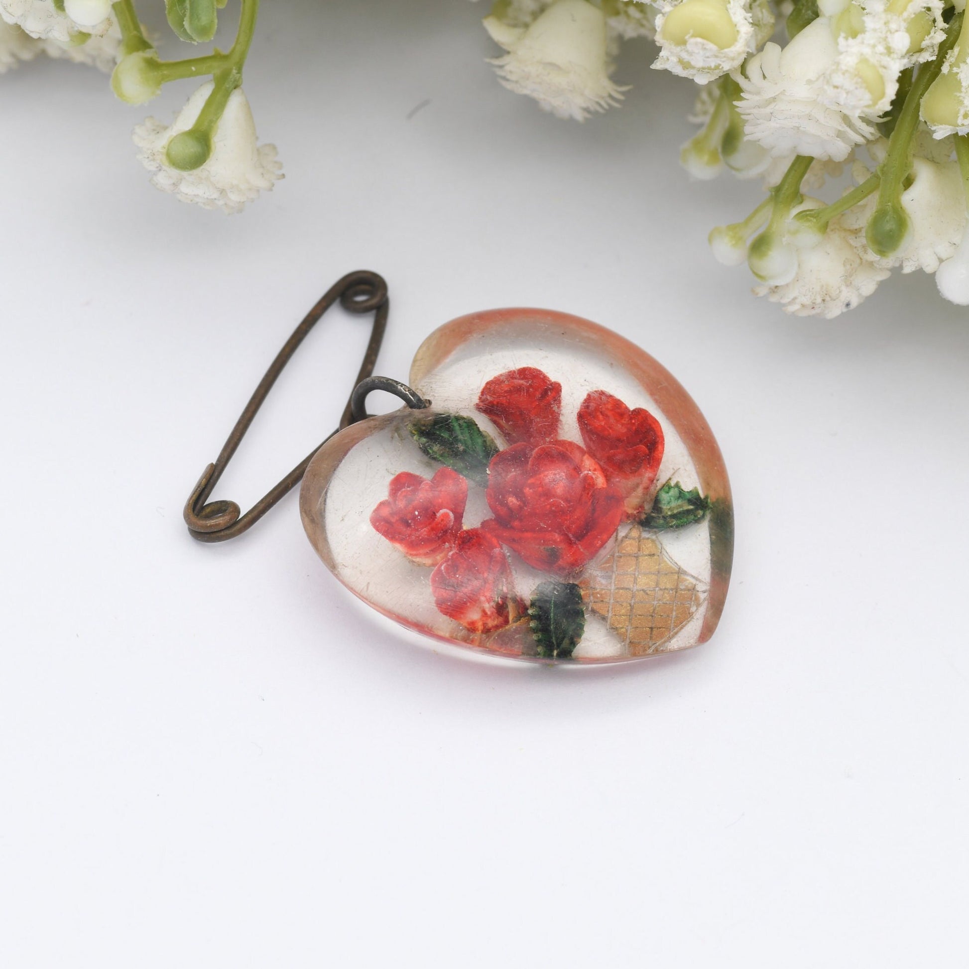 Vintage Lucite Reverse Roses Jardinière Brooch Heart Shaped - Red Roses in a Gold Vase | Hand Painted | Early Plastic Costume Jewellery