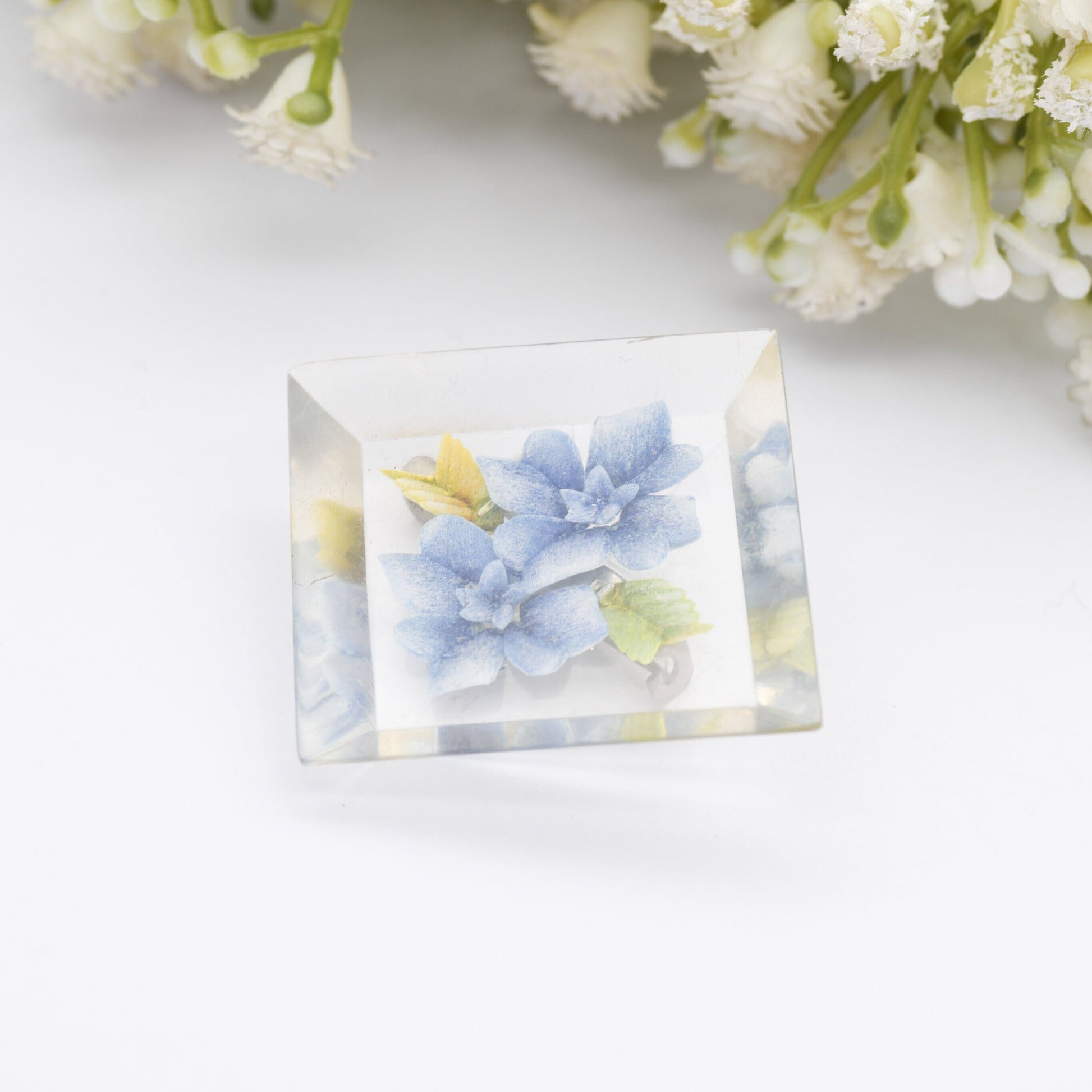 Vintage Lucite Reverse Carved Floral Brooch - Two Blue Flowers | Diamond Shape | Early Plastic Costume Jewellery