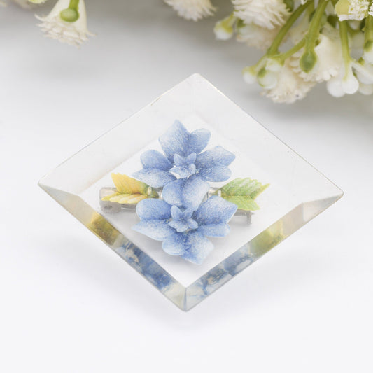 Vintage Lucite Reverse Carved Floral Brooch - Two Blue Flowers | Diamond Shape | Early Plastic Costume Jewellery