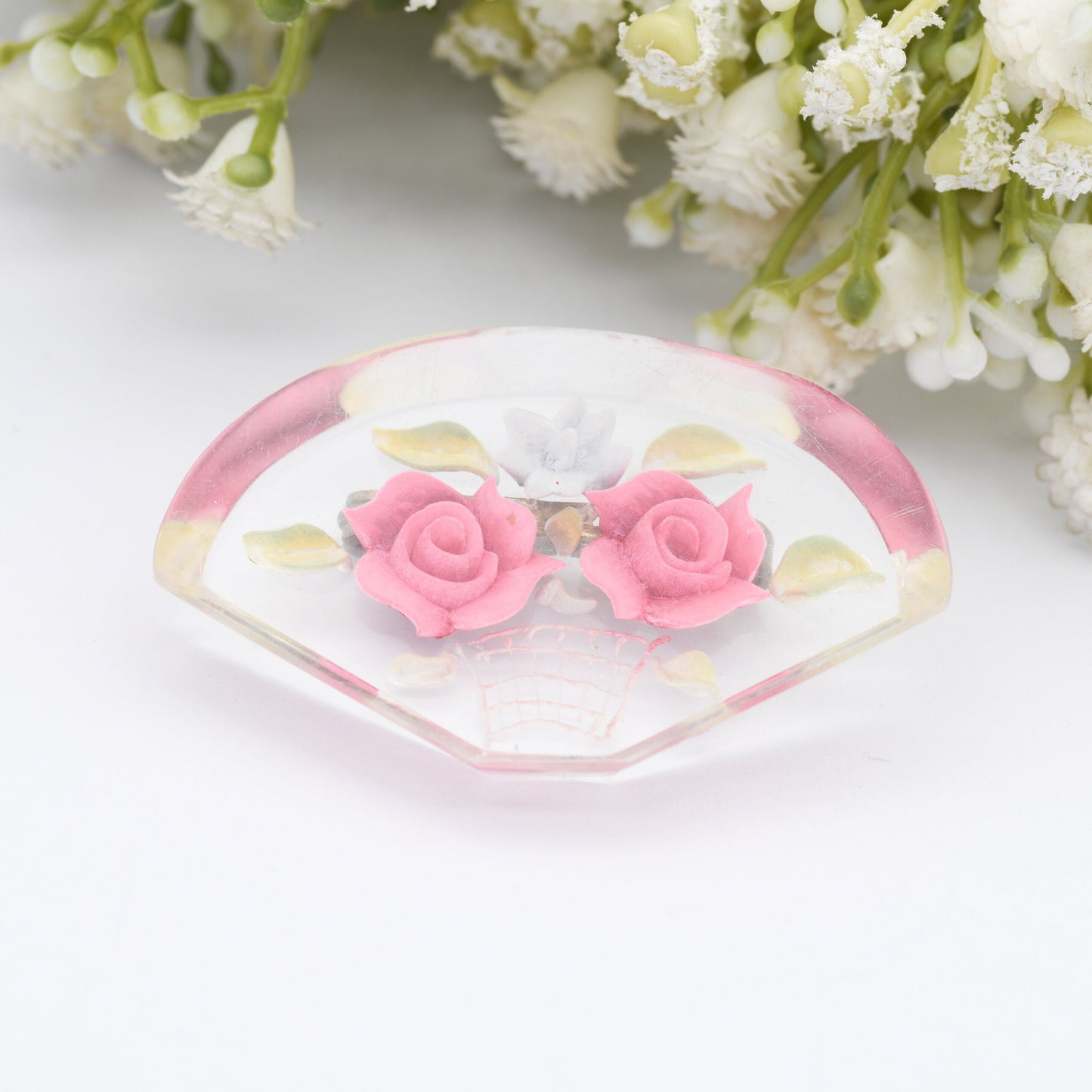 Vintage Lucite Reverse Carved Flower Vase Brooch - Pink Roses | Retro Early Plastic Costume Jewellery