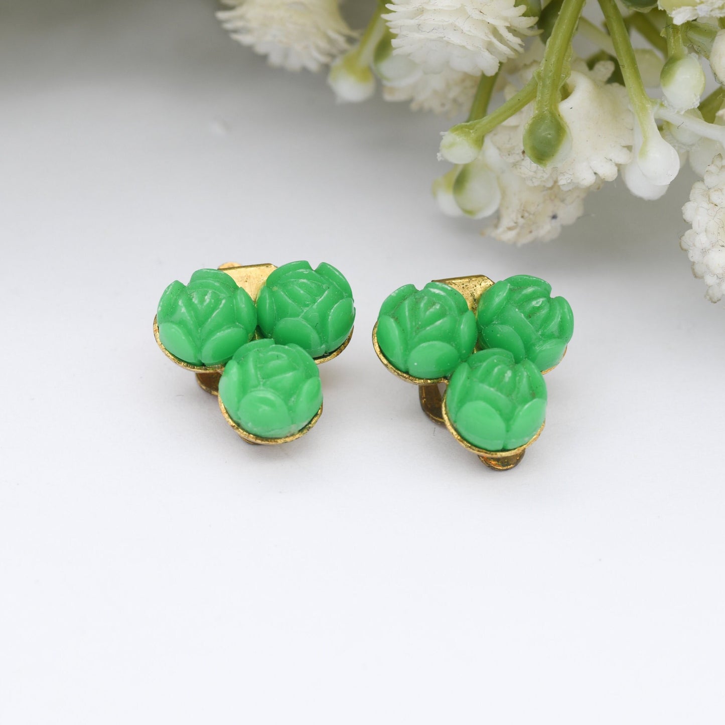 Vintage Celluloid Clip-On Earrings with Green Flowers - 1950s Early Plastic Costume Jewellery