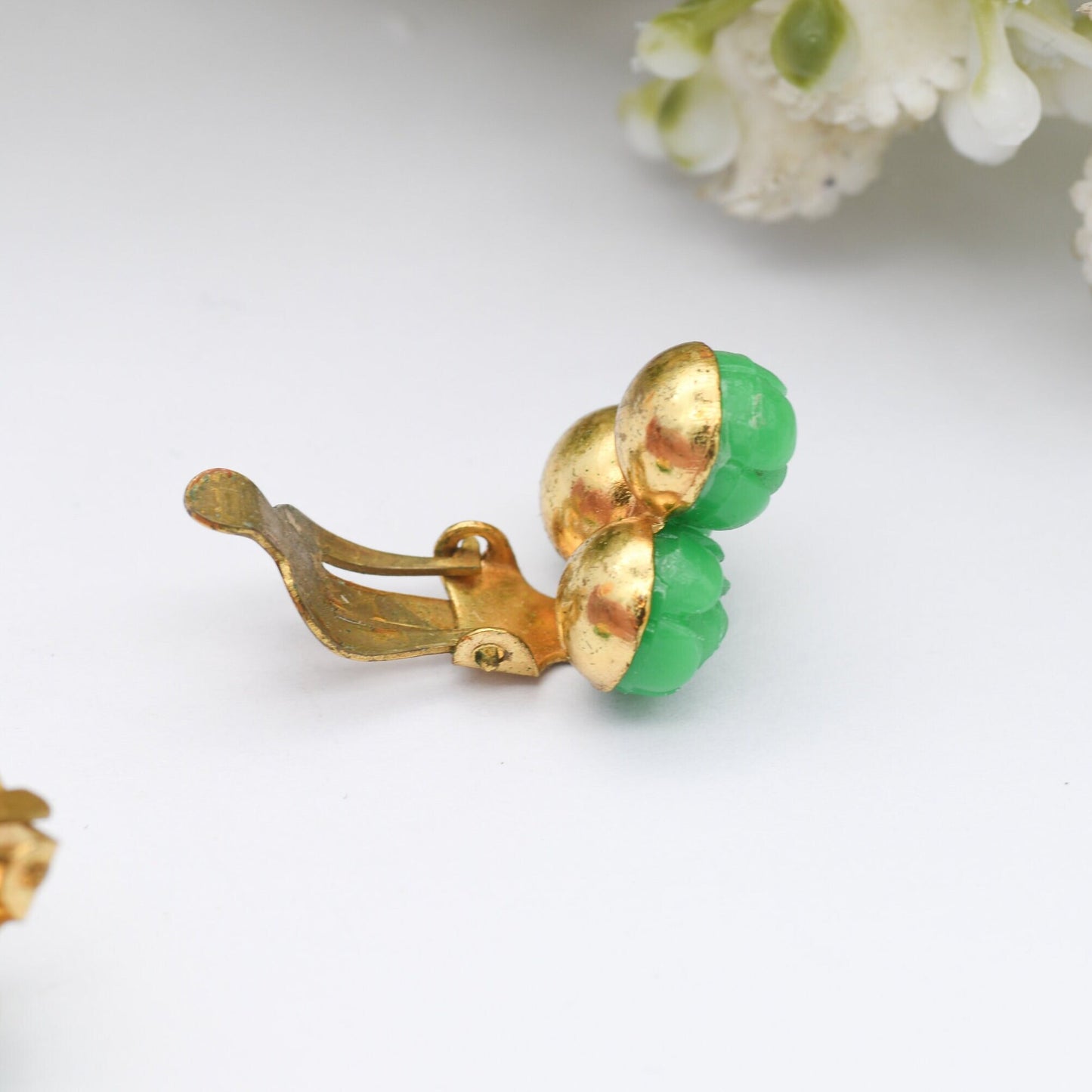 Vintage Celluloid Clip-On Earrings with Green Flowers - 1950s Early Plastic Costume Jewellery