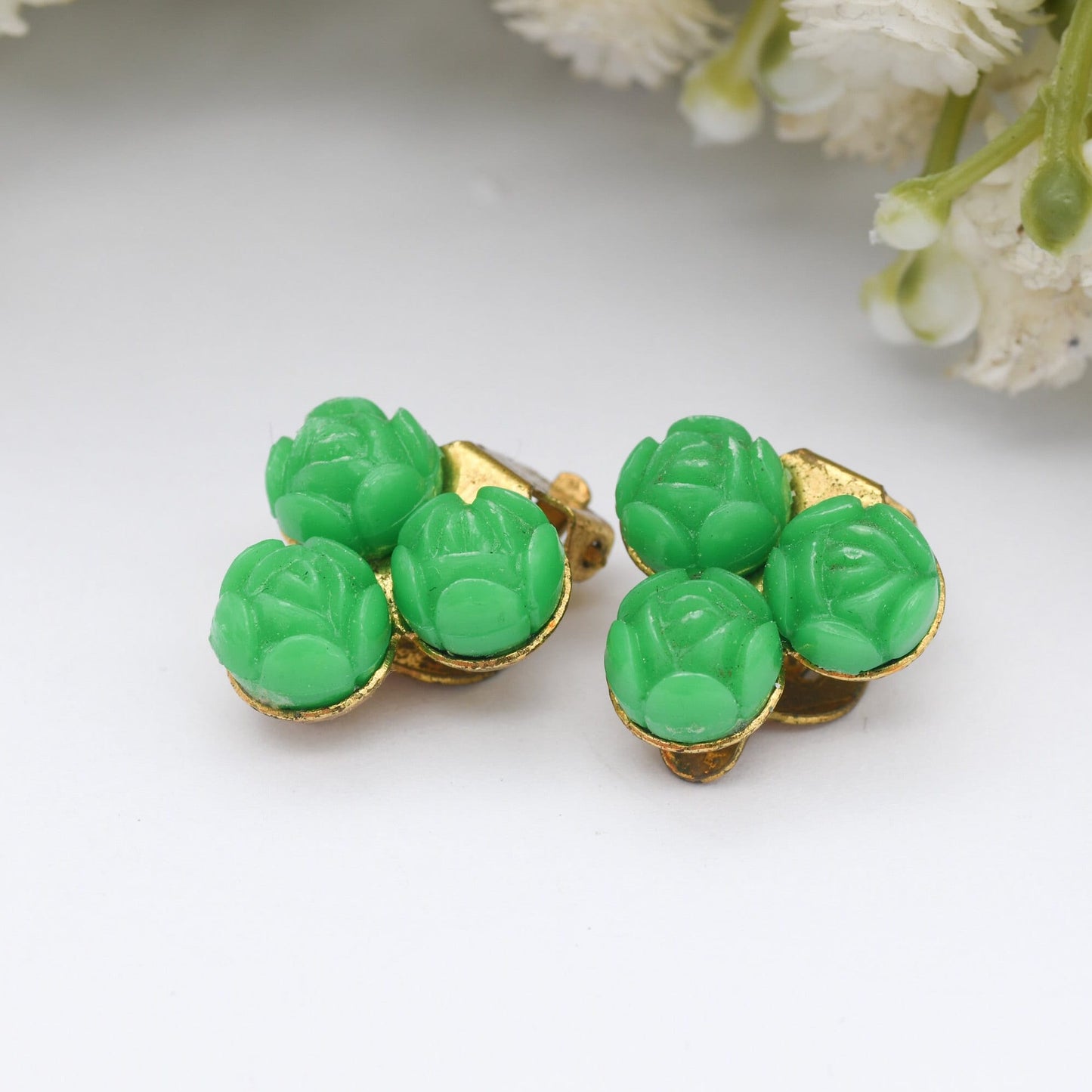 Vintage Celluloid Clip-On Earrings with Green Flowers - 1950s Early Plastic Costume Jewellery