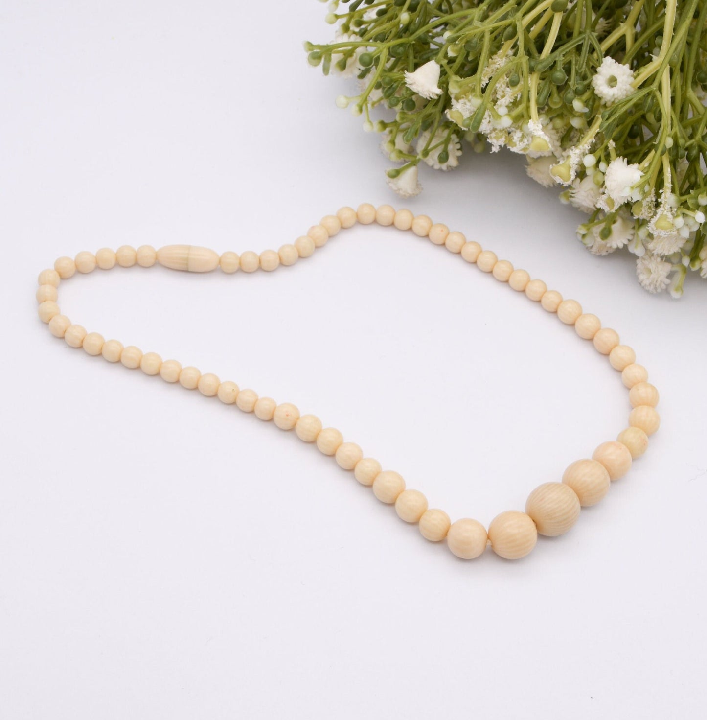 Vintage Ivorine Bead Necklace - Fake Ivory Early Plastic Costume Jewellery