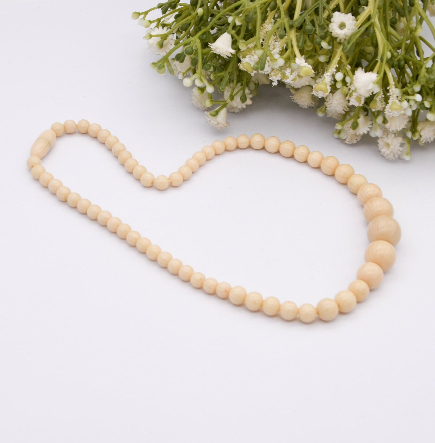 Vintage Ivorine Bead Necklace - Fake Ivory Early Plastic Costume Jewellery