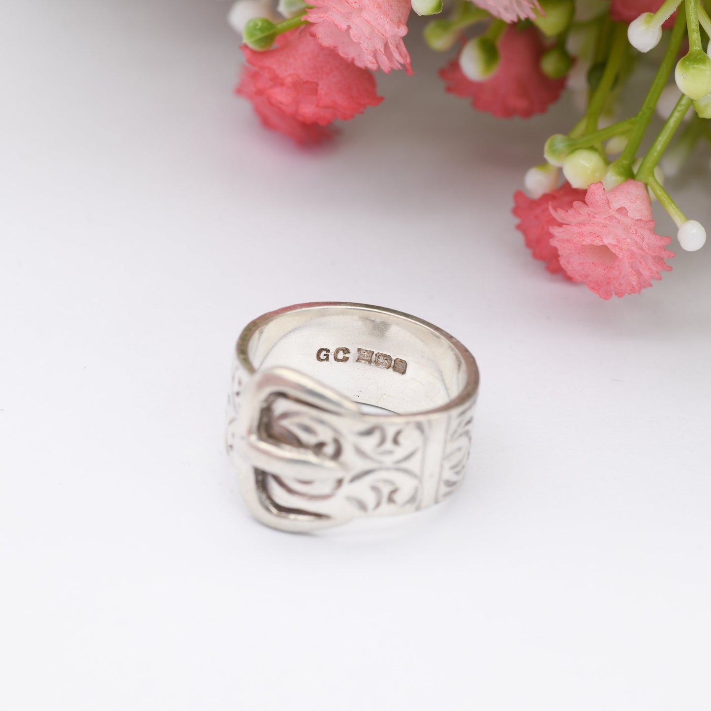 Vintage Sterling Silver Buckle Ring 1976 - Victorian Revival Style | Chunky Unisex Belt Ring | Hand Engraved | UK Size - N 1/2 | US Size - 7