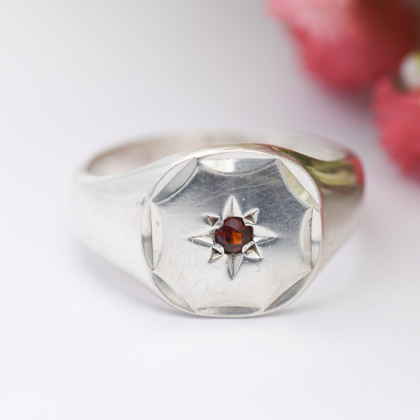 Vintage Sterling Silver Garnet Signet Ring 1982 - Midland Jewellers | Chunky Men's Ring | Star Set Stone | UK Size - W | US Size - 11