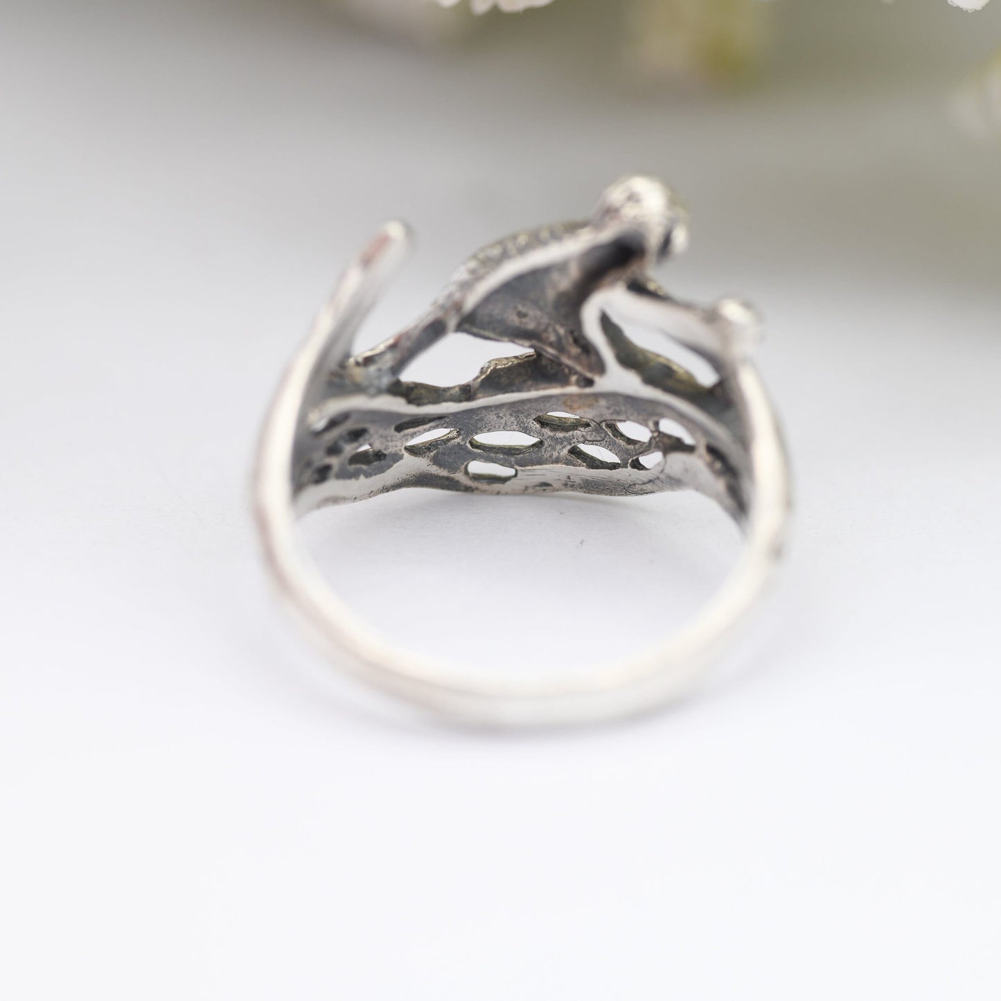 Vintage Sterling Silver Monkey Ring - Openwork Monkey on a Branch | Novelty Animal Jewellery | Nature Gift | UK Size - L | US Size - 5 3/4