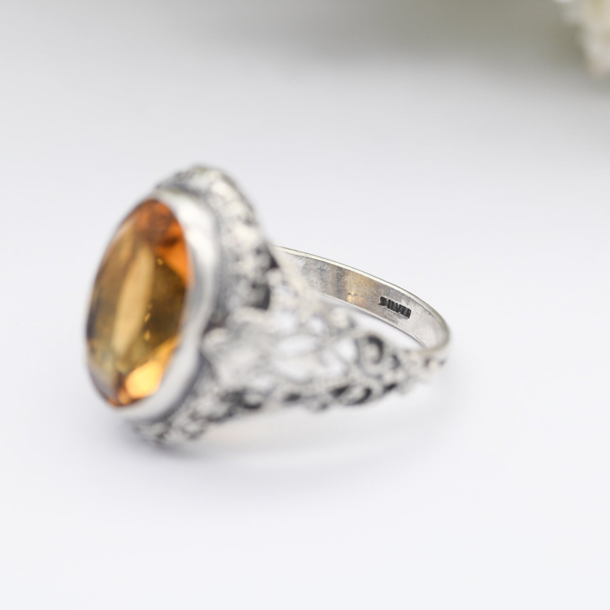 Antique Sterling Silver Citrine Ring - Ornate Openwork Band | Chunky Yellow Quartz | UK Size - P | US Size - 7 1/2